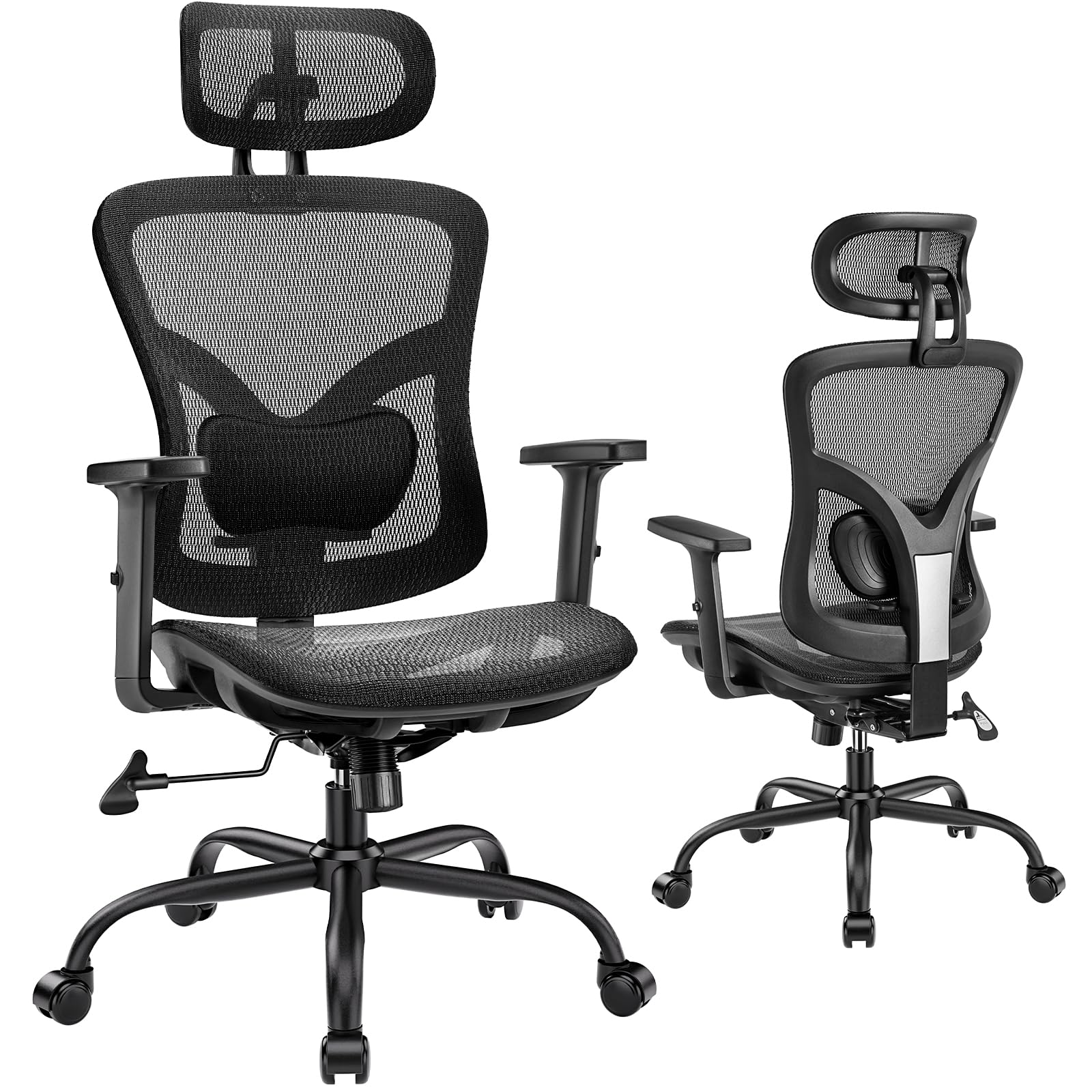 Ergonomic Mesh Office Chair, Computer Desk Chair with Adjustable Lumbar, 2D Headrest & Armrests, Comfortable Gaming Chair, Black