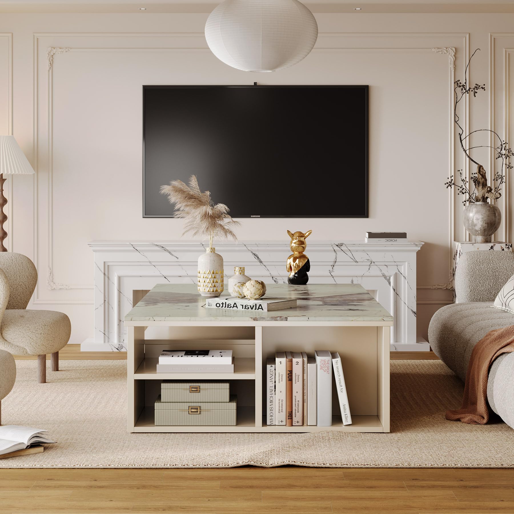 Extendable Tabletop Coffee Table with 4 Drawers & Storage Shelf, Modern from 51-Inch to 71-Inch Center Table for Living Room, Faux Marble Veneer