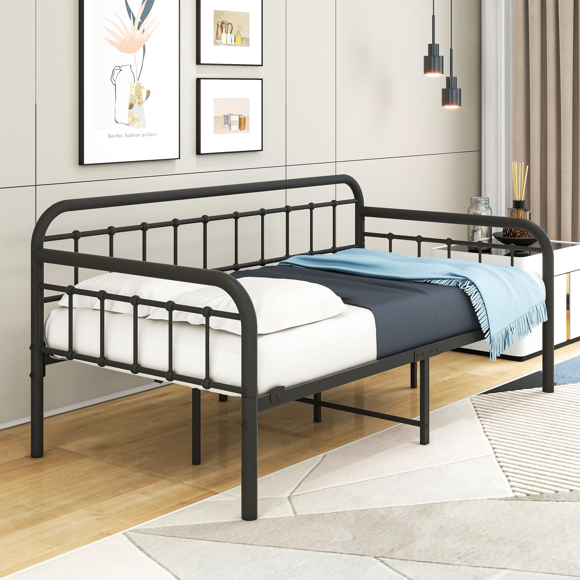 Metal Daybed Frame Heavy Duty Metal Slats Sofa Bed Platform Mattress Foundation Twin Day Bed Black Sanded Color