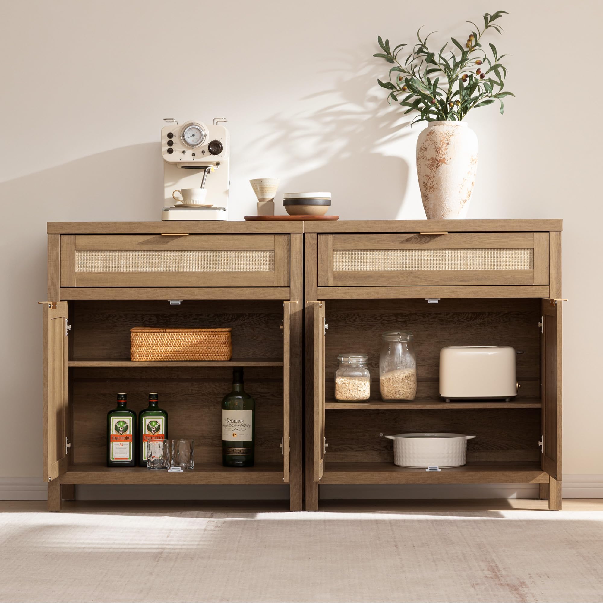 Sideboard Buffet Cabinet Set of 2, Rattan Credenza Storage Cabinet, Boho Buffet Table Console Cabinets with Drawer, Farmhouse Coffee Bar