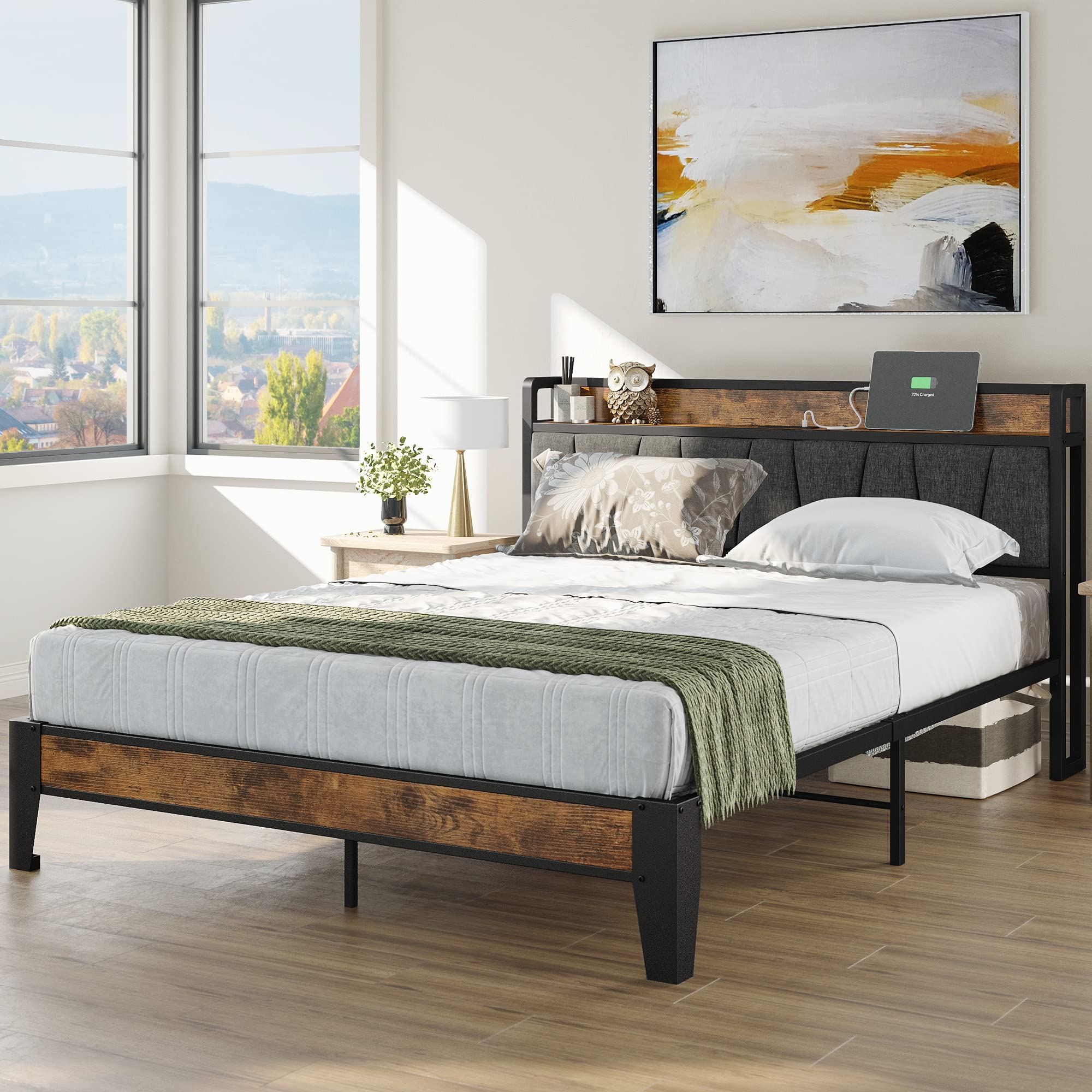 Queen Bed Frame, Storage Headboard with Charging Station, Solid and Stable, Noise Free, No Box Spring Needed, Easy Assembly