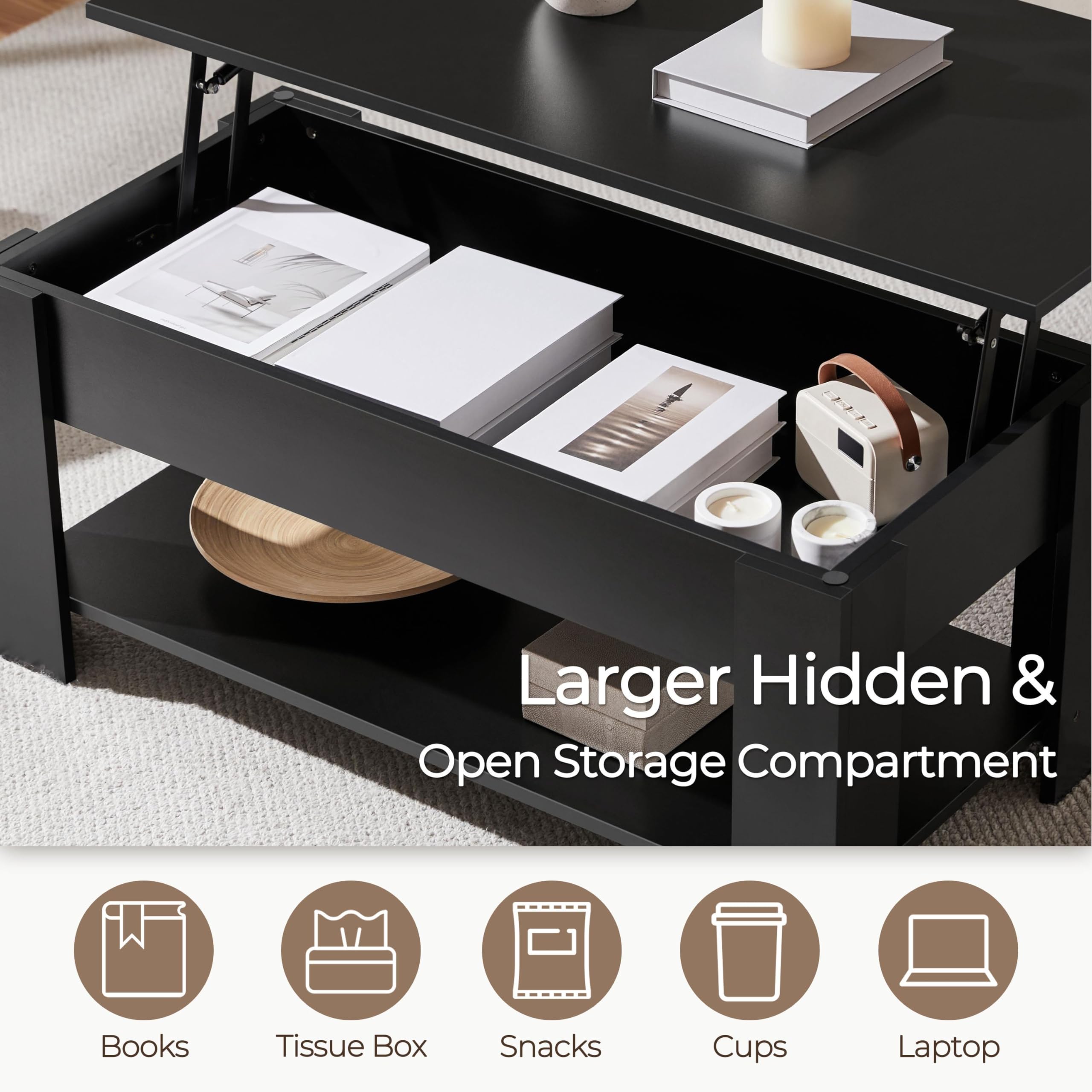 Wooden Coffee Table, Lift Top Coffee Table with Large Hidden Storage Shelf, Lift Tabletop Dining Tables for Living Room, Home Small Space, 3
