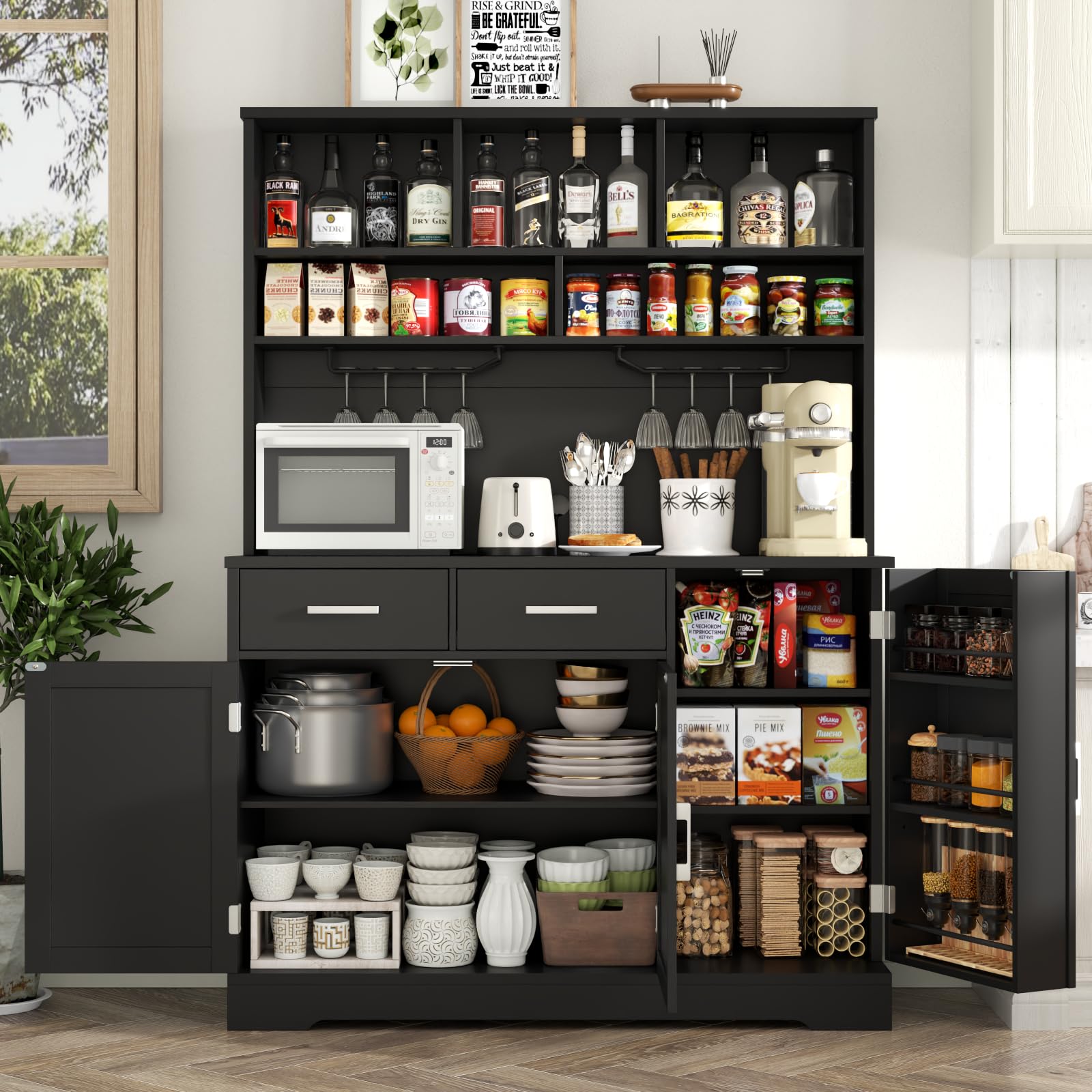 Pantry Storage Cabinet with 2 Drawers, Tall Kitchen Hutch Cabinet with Microwave Shelf, Modern Buffet Cabinets with Goblet Holders, Food