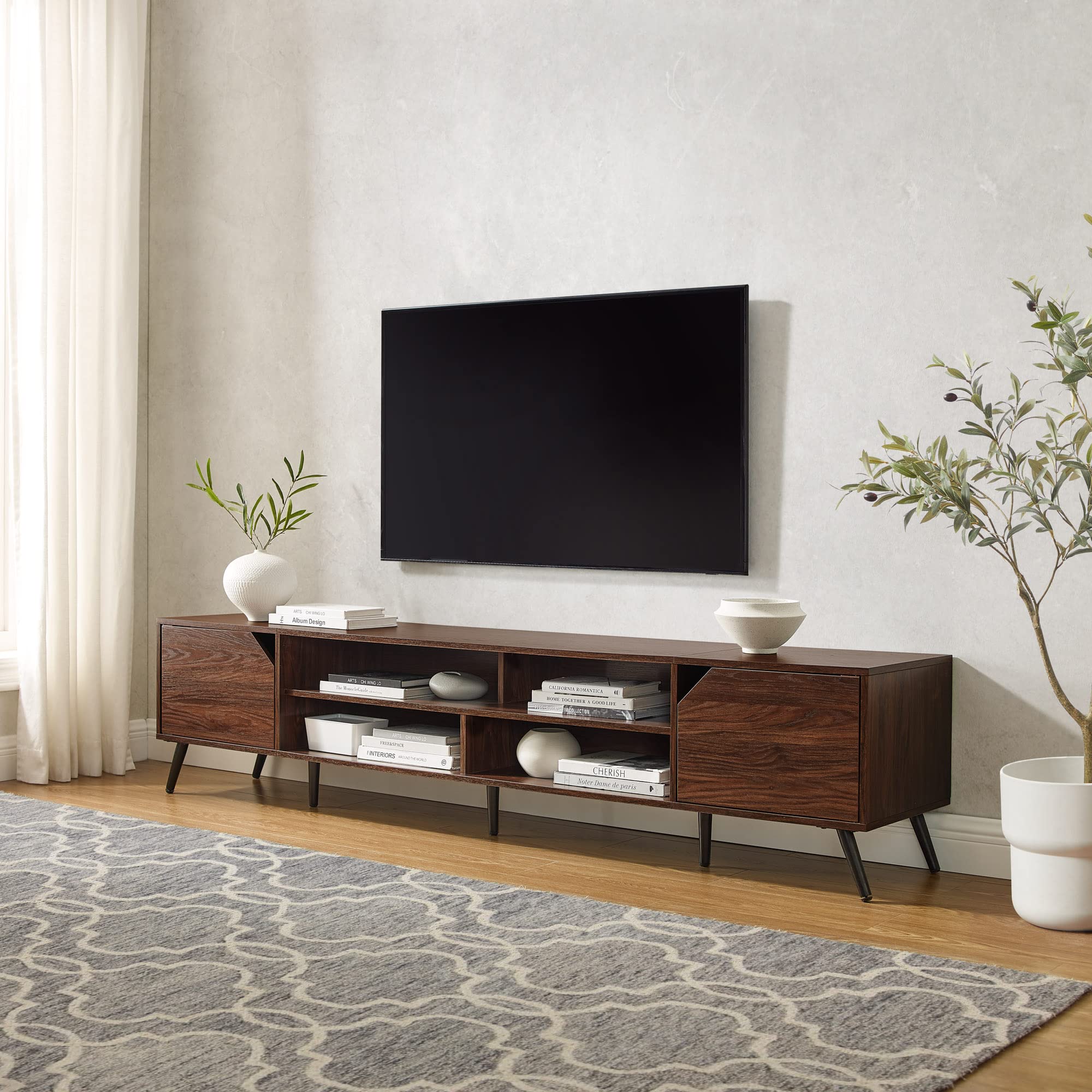 Nora Modern Minimal Open-Shelf TV Stand for TVs up to 90 Inches, 80 Inch, Dark Walnut