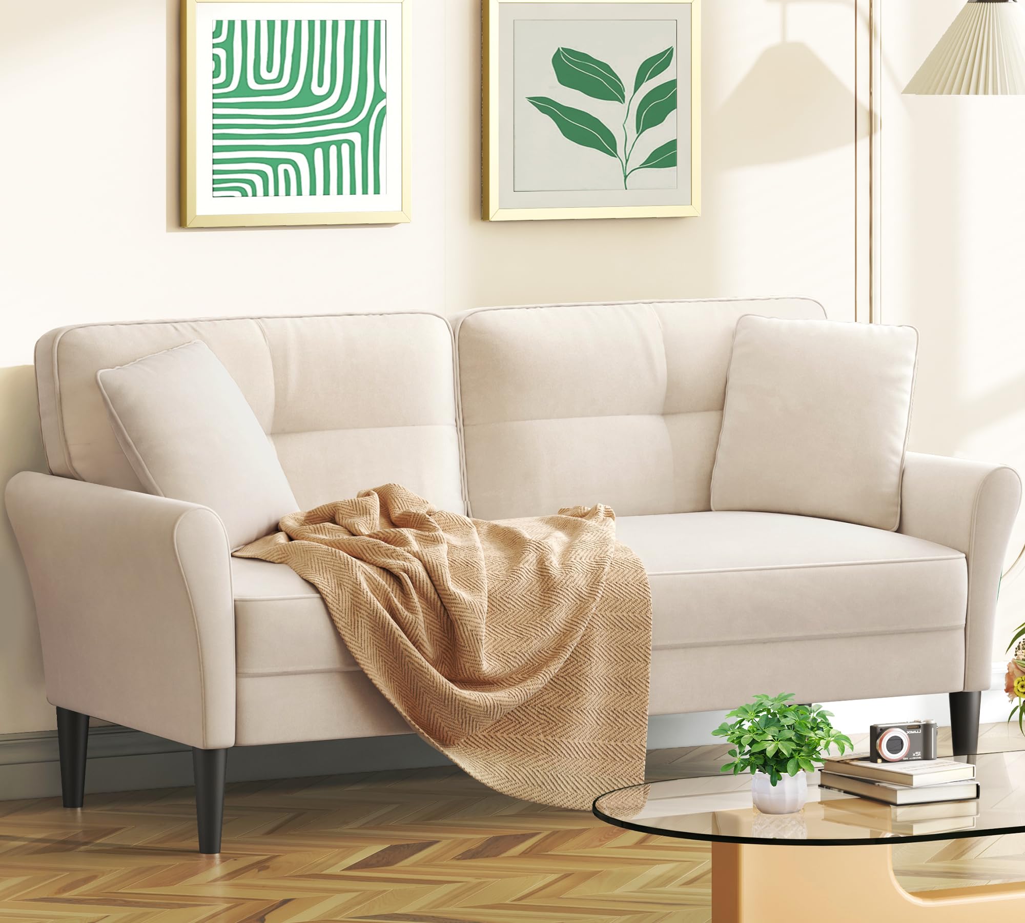 69" Small Sofa with 2 Pillows, Comfy Loveseat Couch with 700lb Capacity, Tool-Free Setup, Mini Couch for Living Room, Bedroom, White