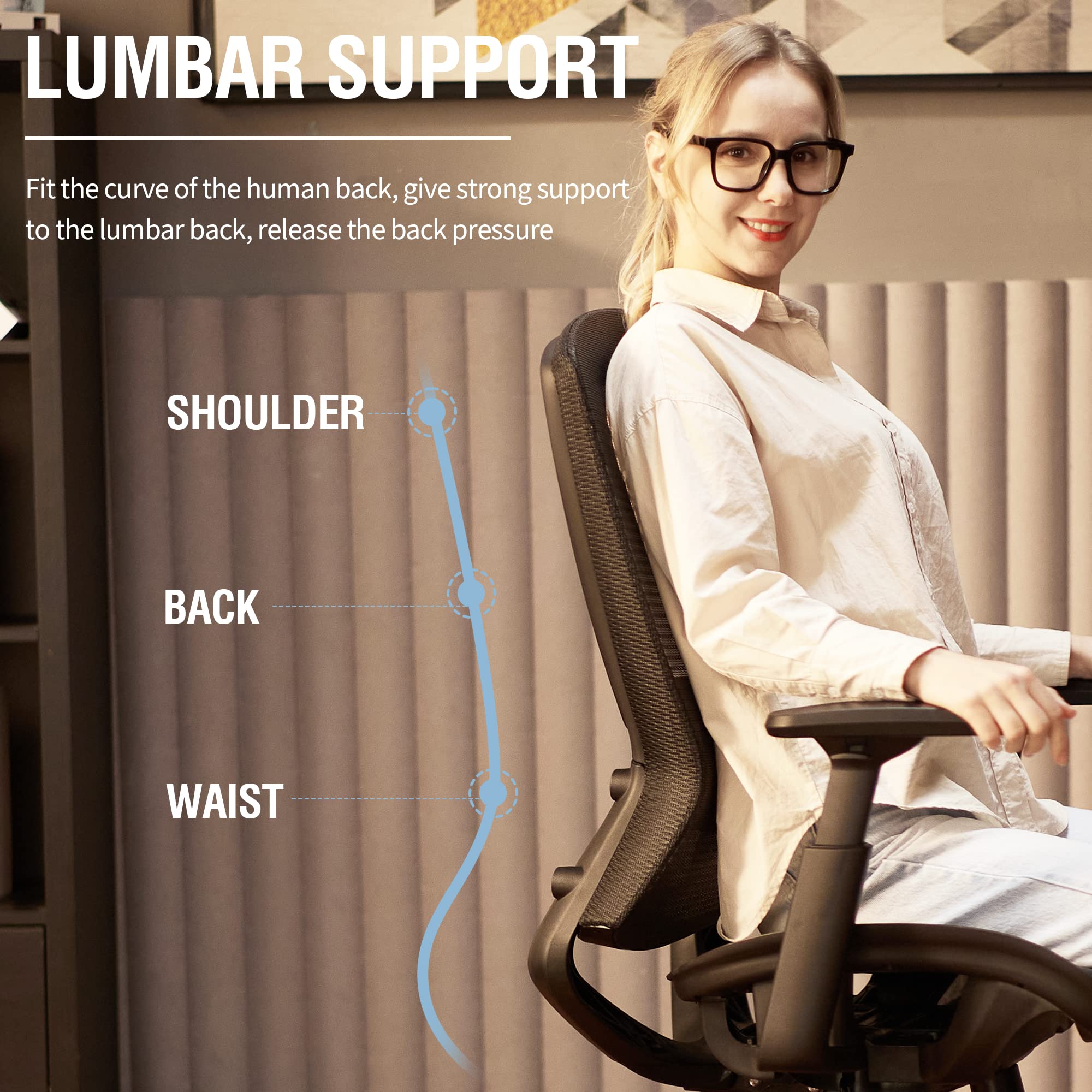 Mesh Office Chair, Ergonomic Computer Desk Chair with Adjustable Lumbar & Armrests, Tilt Function, Wide Seat, Swivel Task Chair, Black