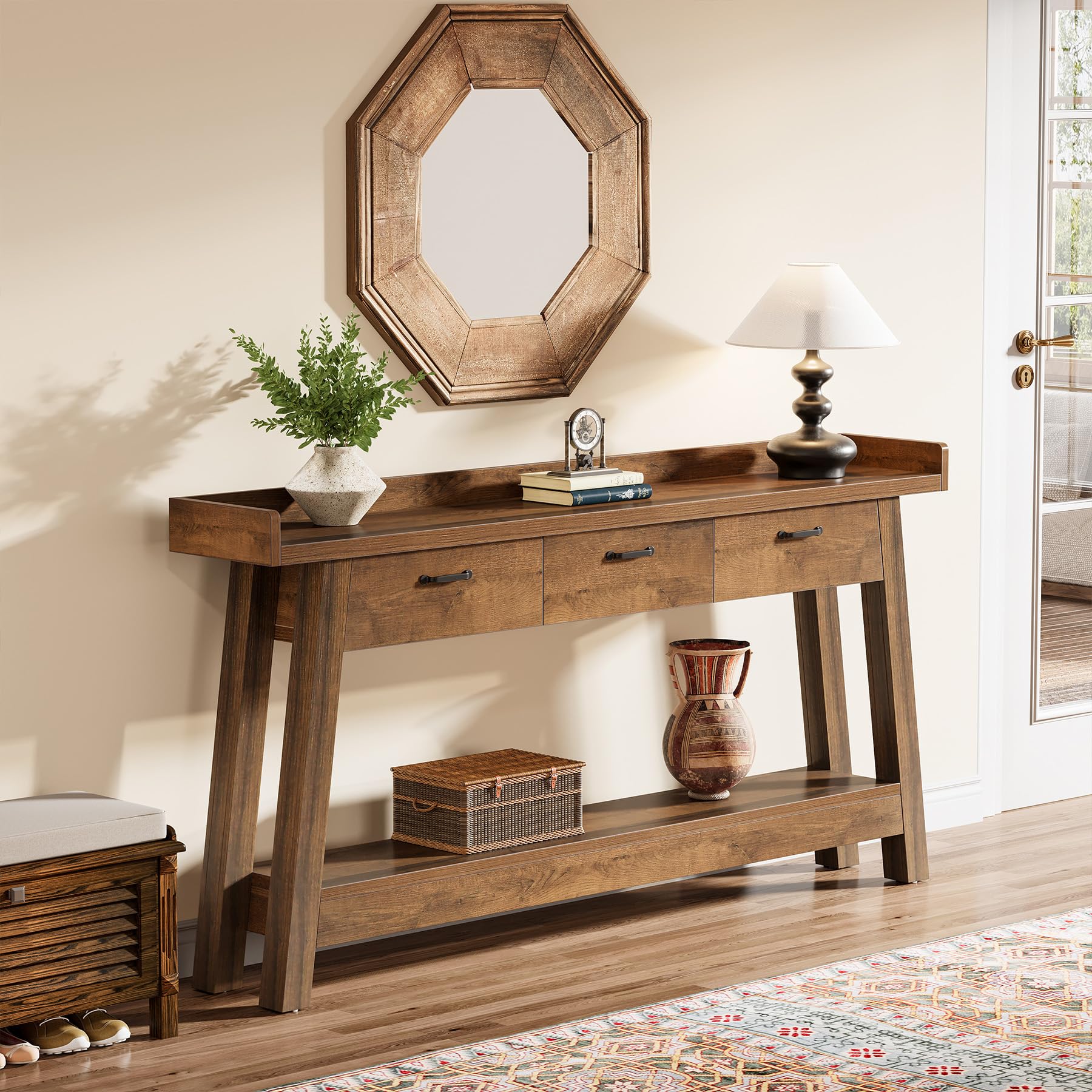 70.9" Farmhouse Sofa Console Table with 3 Drawers, 2-Tier Extra Long Entryway Table with Shelves & Baffle for Hallway, Living Room, Rustic Brown
