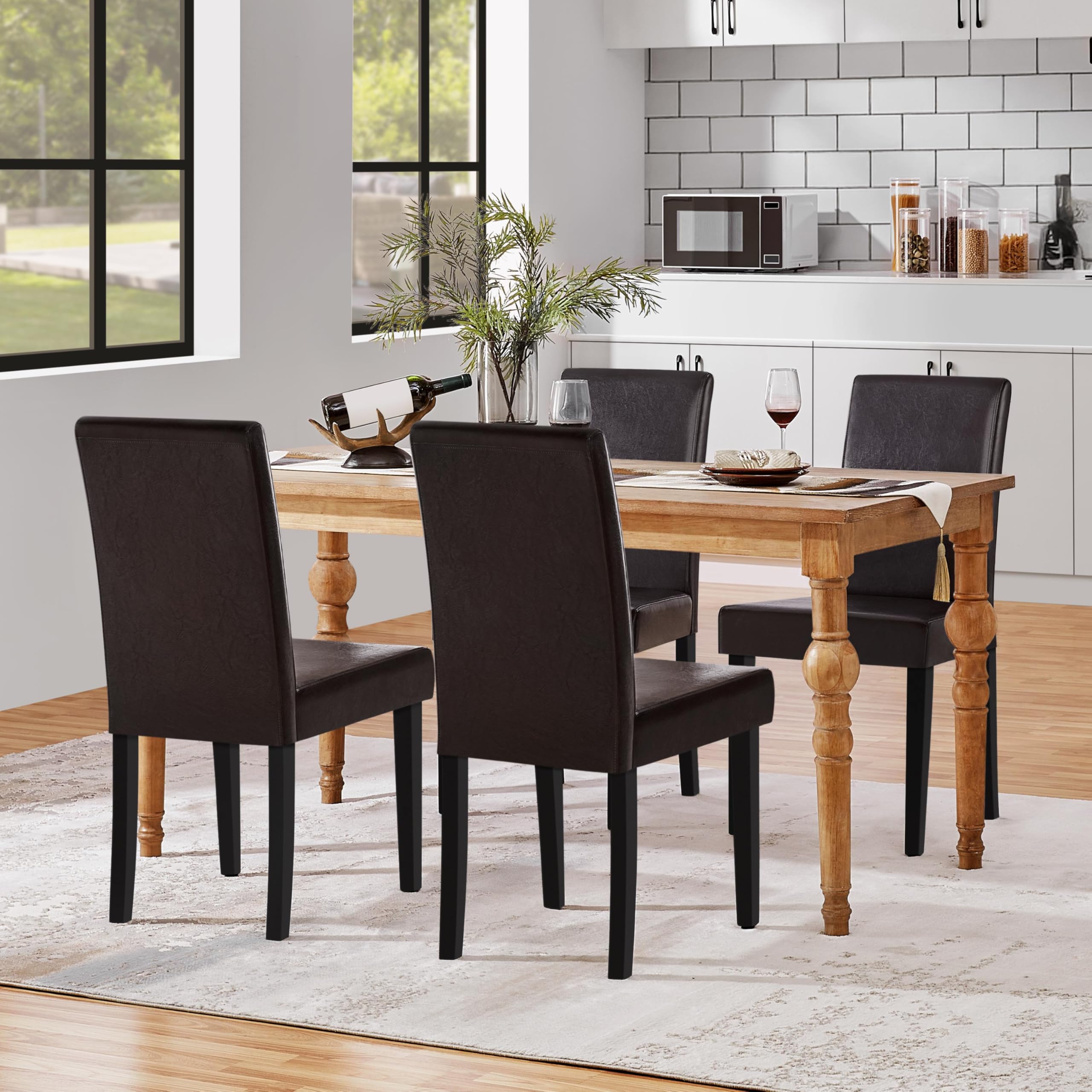 Dining Chairs Set of 4 PU Leather Dining Room Chairs with Waterproof Surface and Wood Legs for Kitchen Restaurant and Living Room, Dark Brown