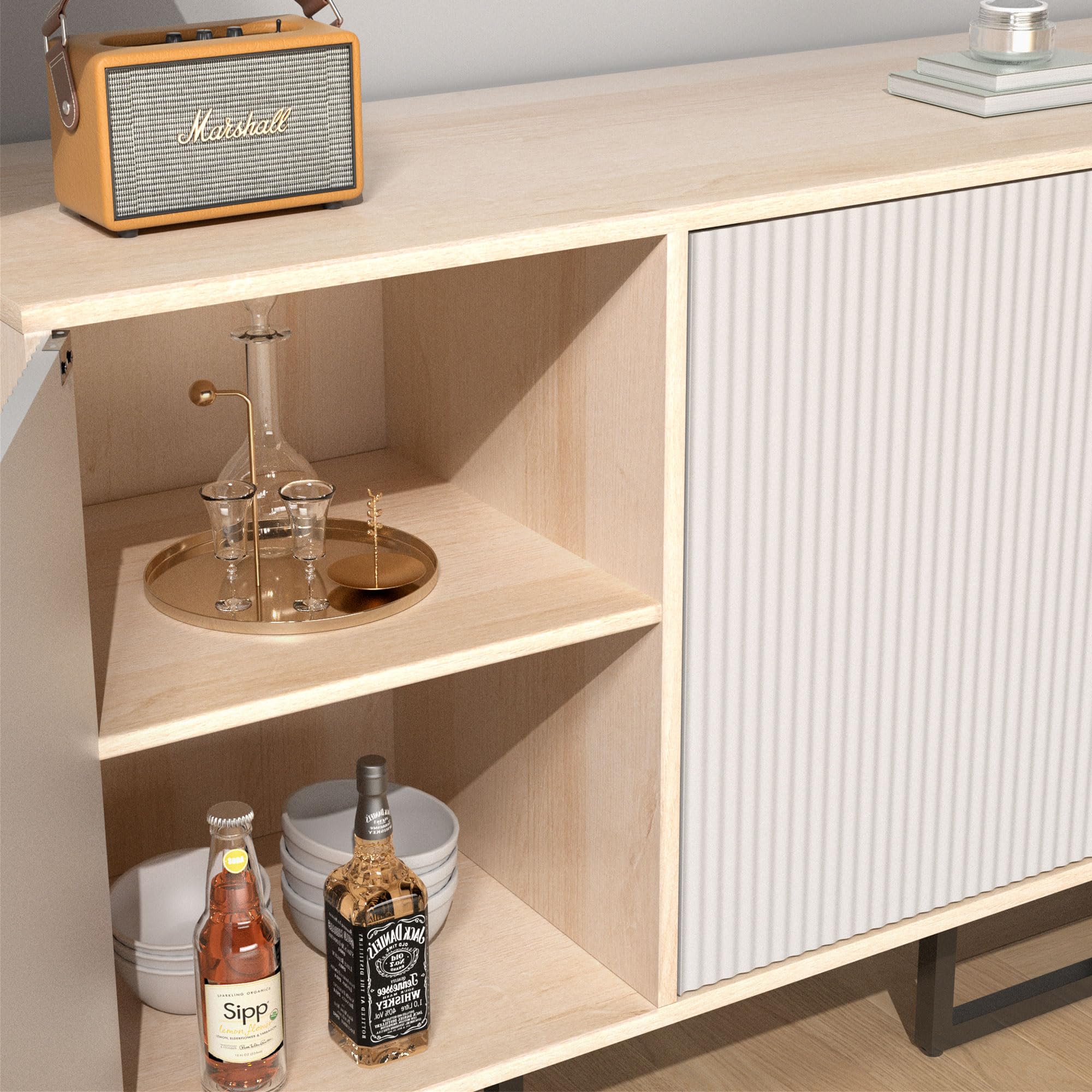 White Buffet Cabinet with Storage - 3-Door Coastal Modern Sideboard w/Sturdy Metal Legs, Convertible Coffee Bar & Multi-Room Organizer