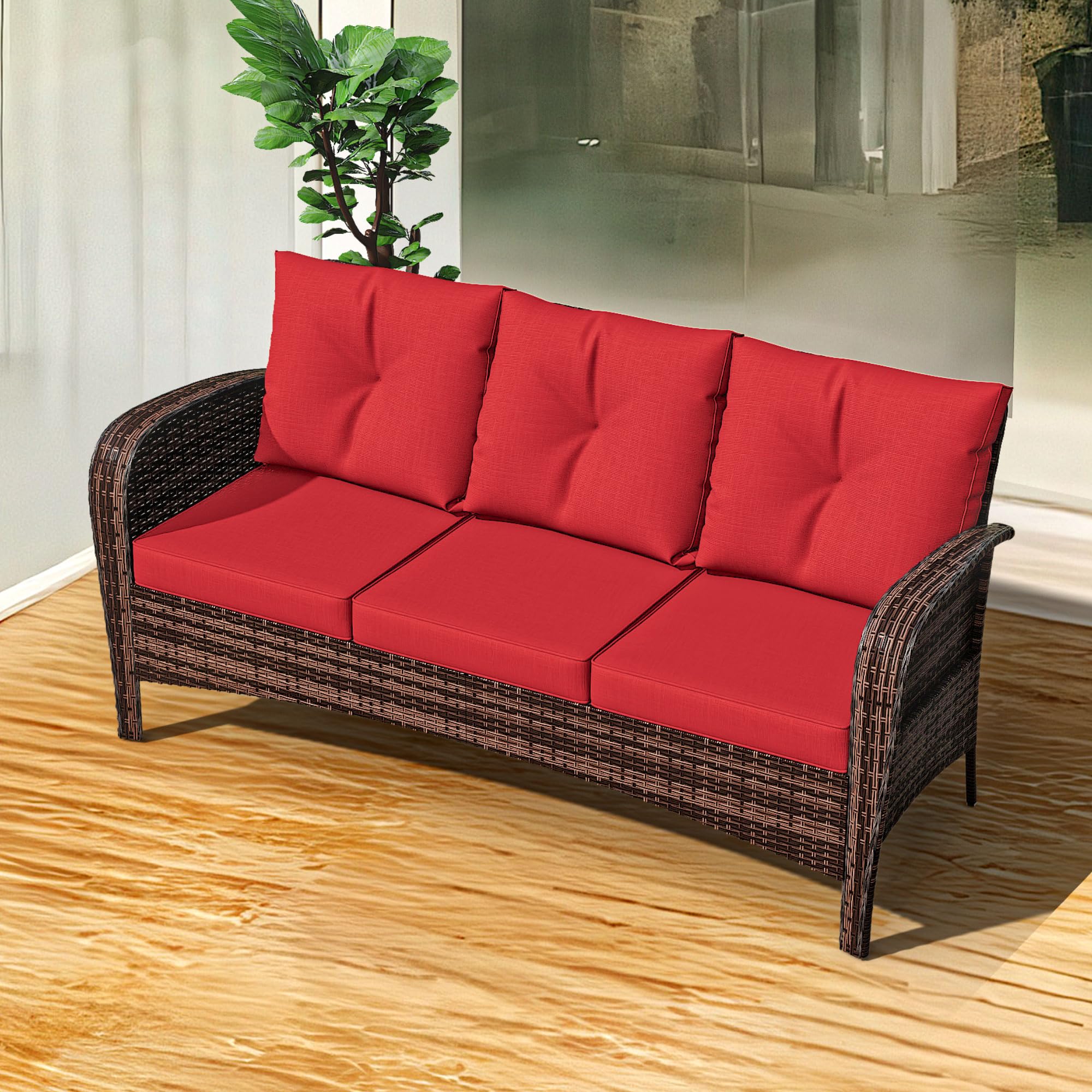73" Patio 3-Seat Sofa, Wicker Rattan Couch with Steel Frame & Removable Cushions, Outdoor Loveseat for Garden, Porch, Apartment, Red