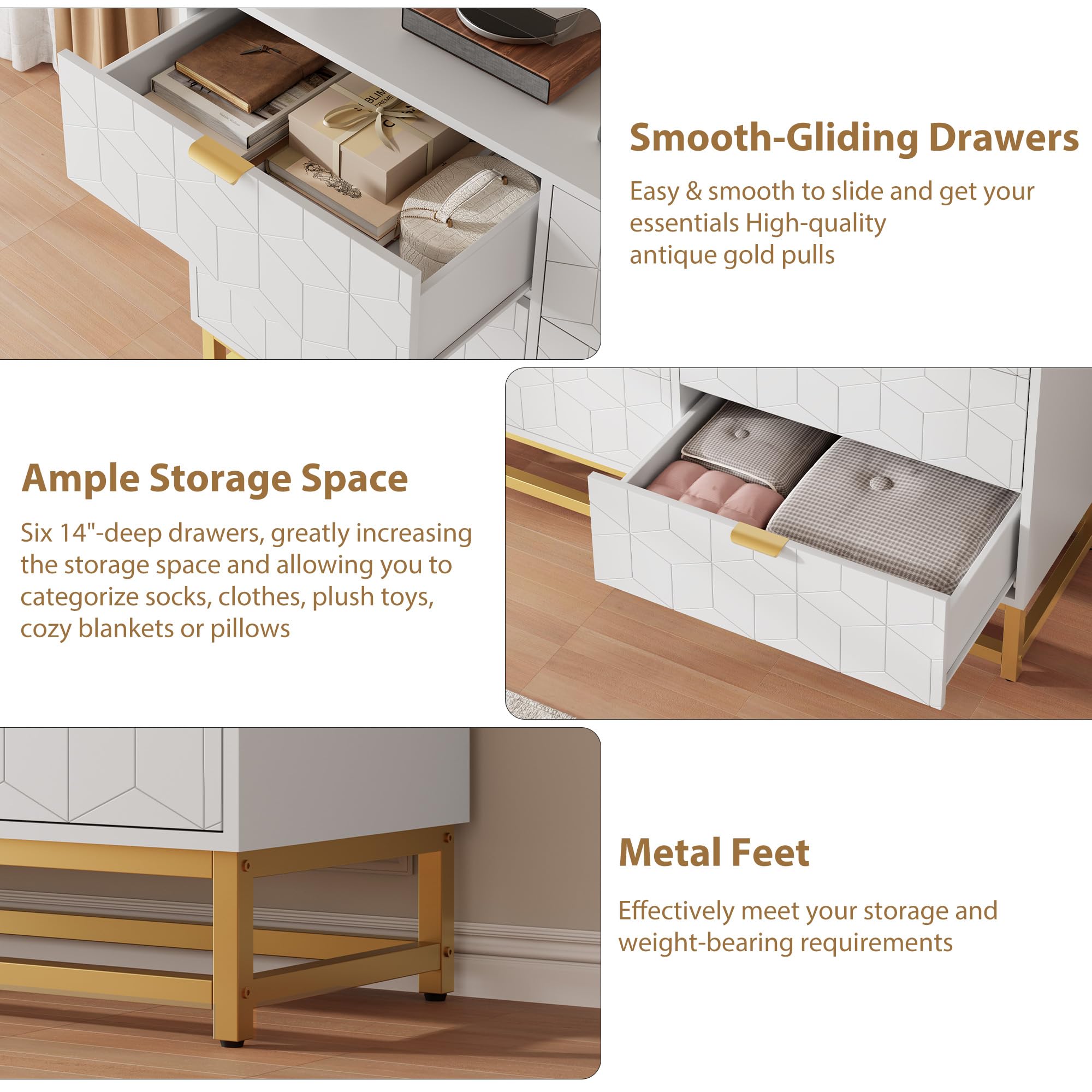 Modern White 6 Drawer Double Dresser with Gold Handles, Long Storage Chest for Bedroom, Closet, TV Stand, Entryway, Living Room