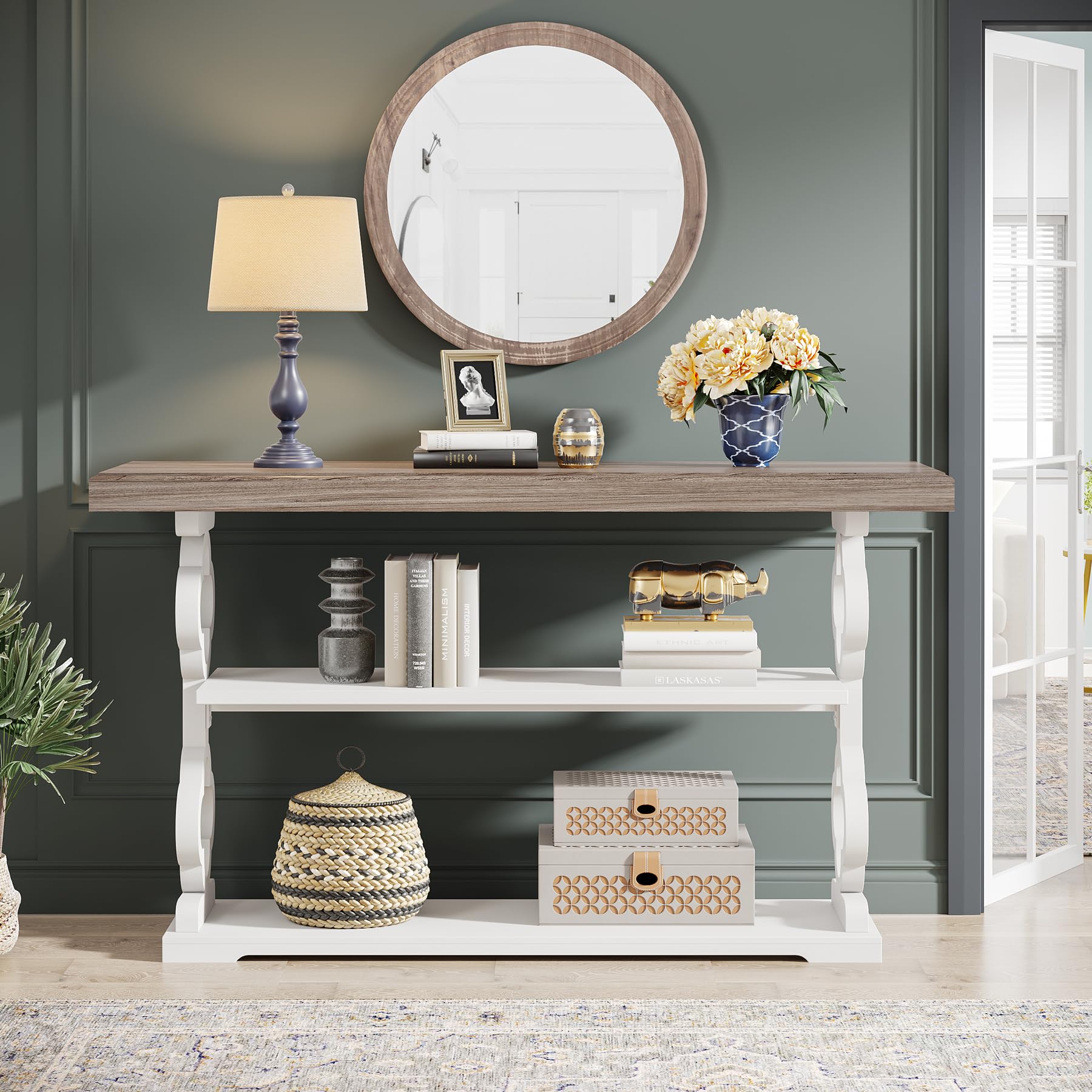 55" Farmhouse Console Table, 3-Tier Wood Sofa Table with Storage Shelves for Entryway, Hallway, Living Room, Grey & White