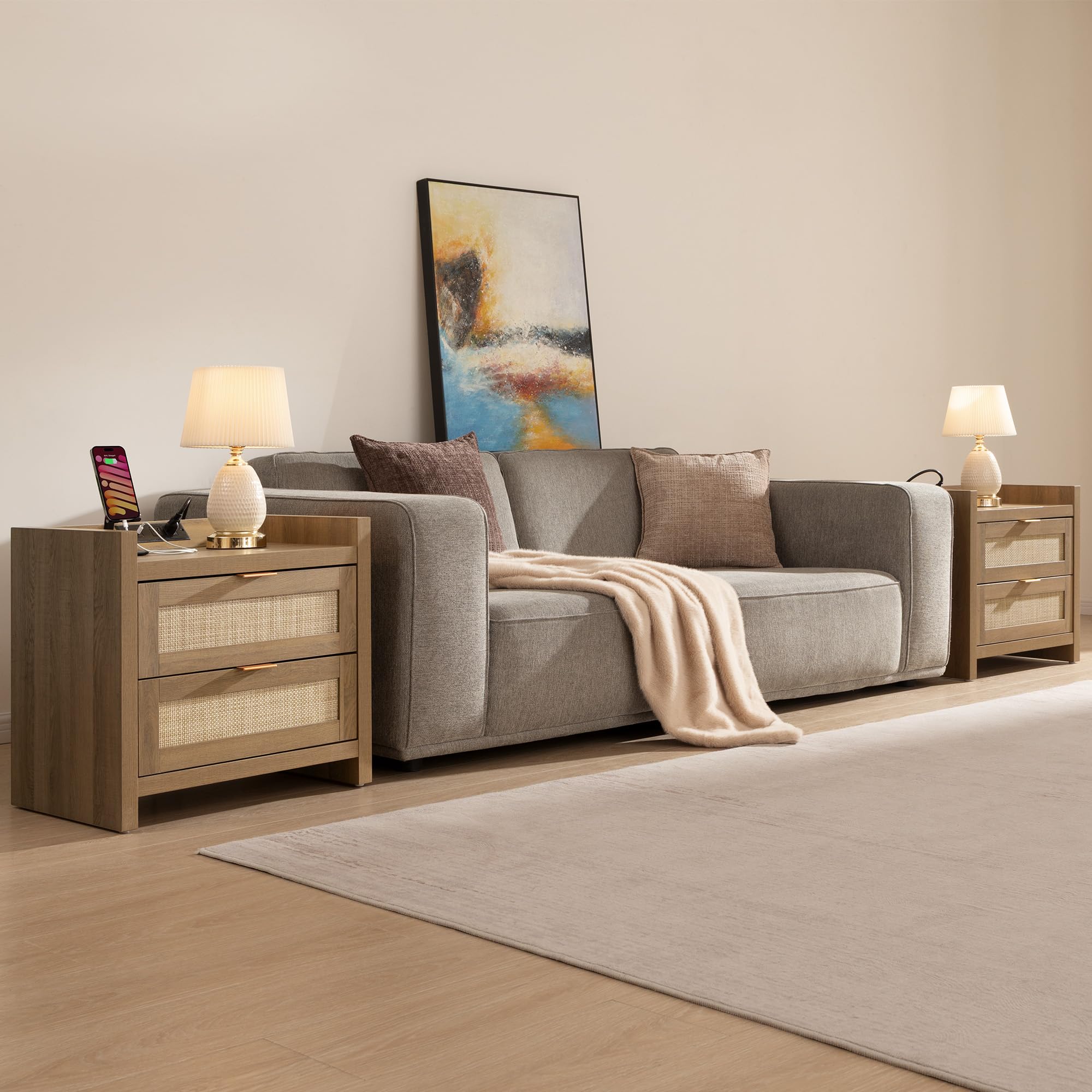 Night Stand Set of 2 - Rattan Nightstands with Type-C Charging Station, 2 Rattan Drawers - Boho Bed Side Tables End Table for Small Space - Natural Oak