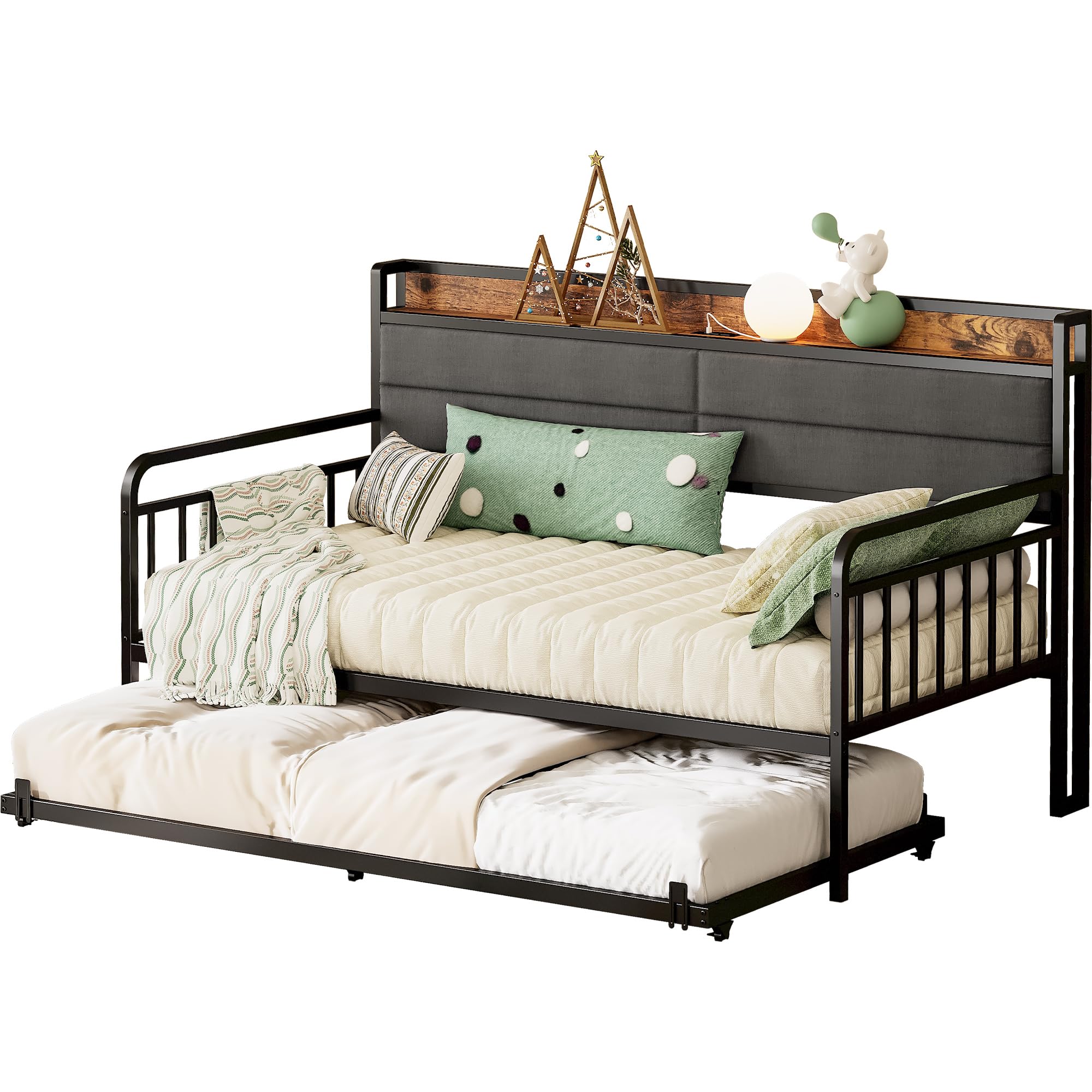 Twin XL Daybed with Trundle, Sturdy Metal Frame with Upholstered Headboard & Charging Station, Sofa Bed for Bedroom, Guest Room, Black