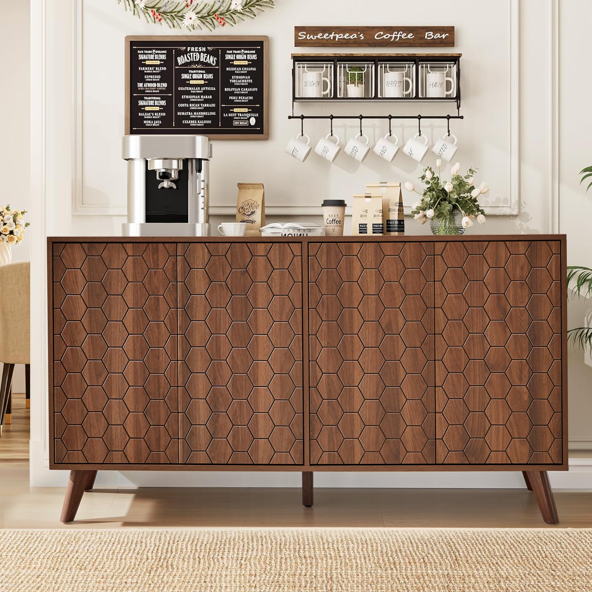 58'' Large Sideboard Buffet Cabinet with Storage, Mid Century Modern Storage Cabinet with 4 Doors & Shelves, Wooden Credenza Coffee Bar TV