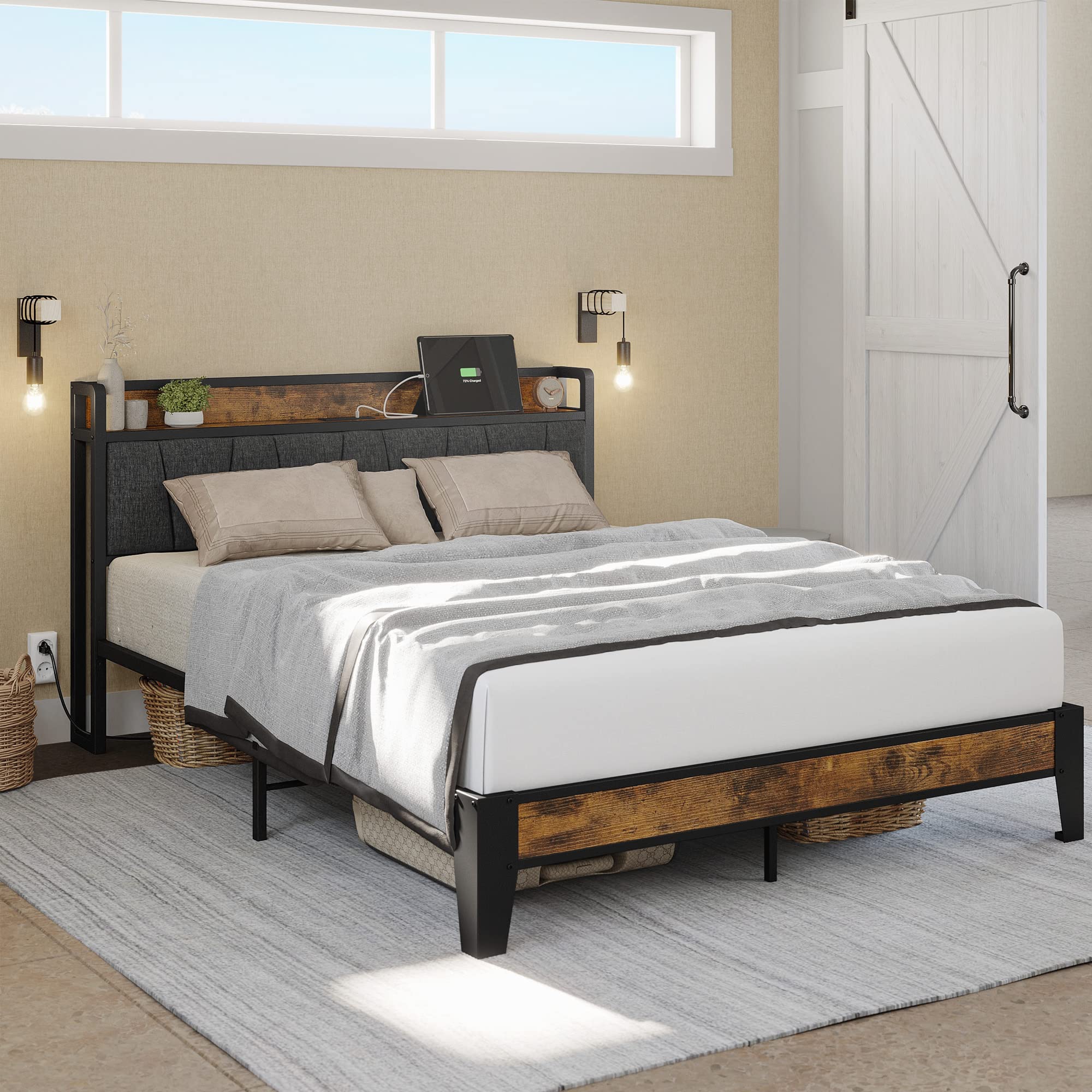 Queen Bed Frame, Storage Headboard with Charging Station, Solid and Stable, Noise Free, No Box Spring Needed, Easy Assembly
