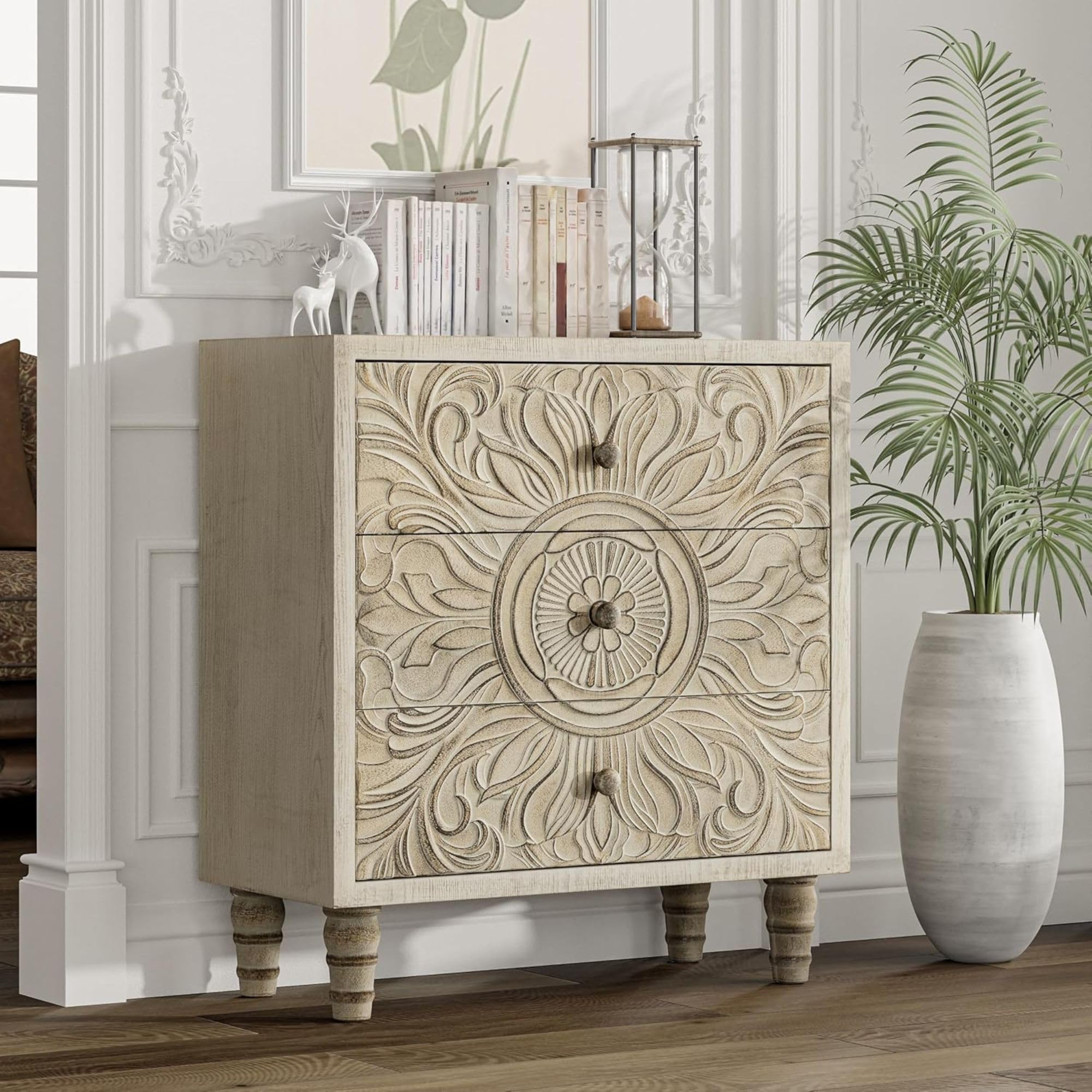 3 Drawer Dresser with Embossed Flower Motif Front, Distressed Boho Nightstand, Almost Fully Assembled, Rustic, French Country, Weathered White