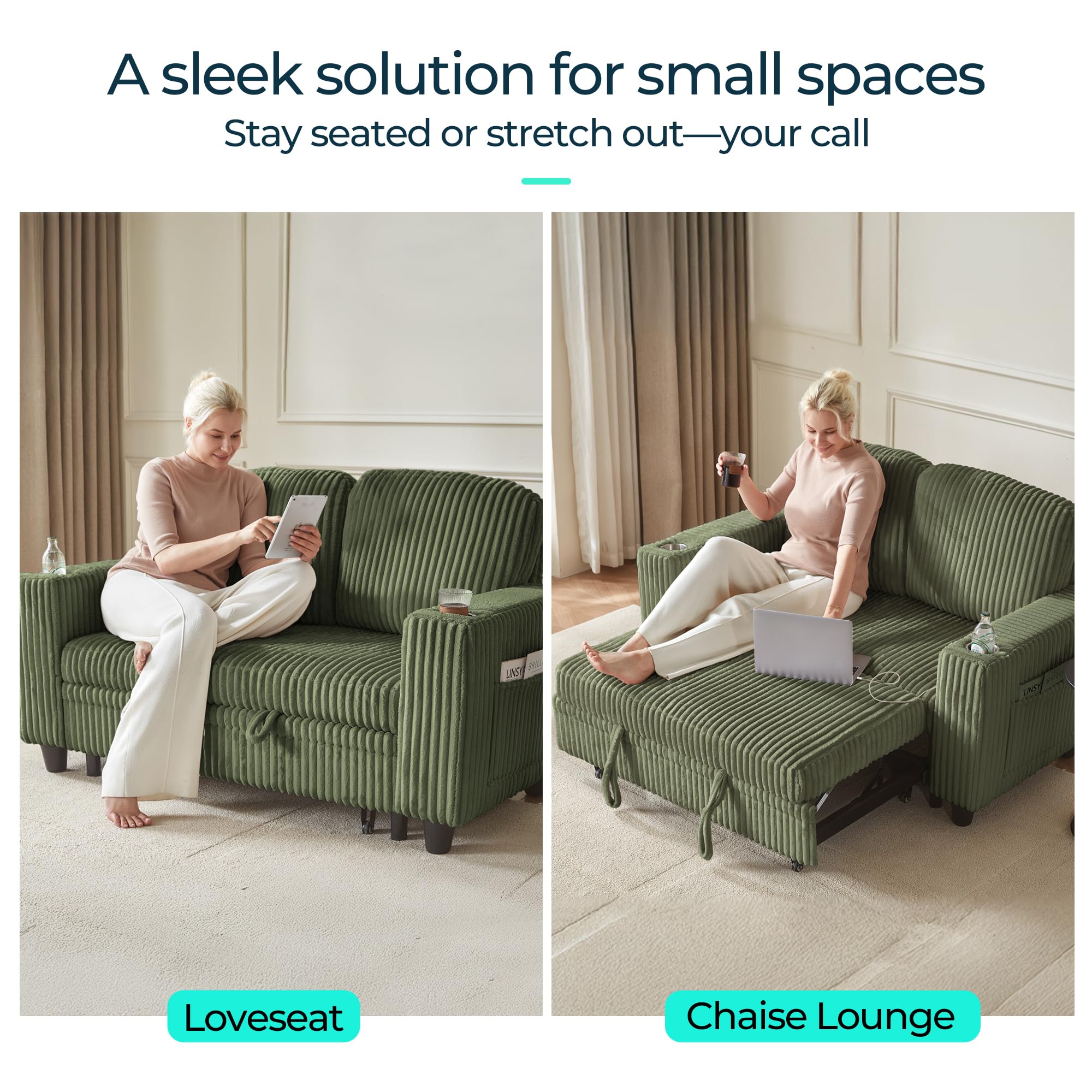 2-in-1 Loveseat Sofa with Pull-Out Chaise, USB Charging & Cup Holders, Plush Corduroy Convertible 2-Seater for Small Spaces, Green