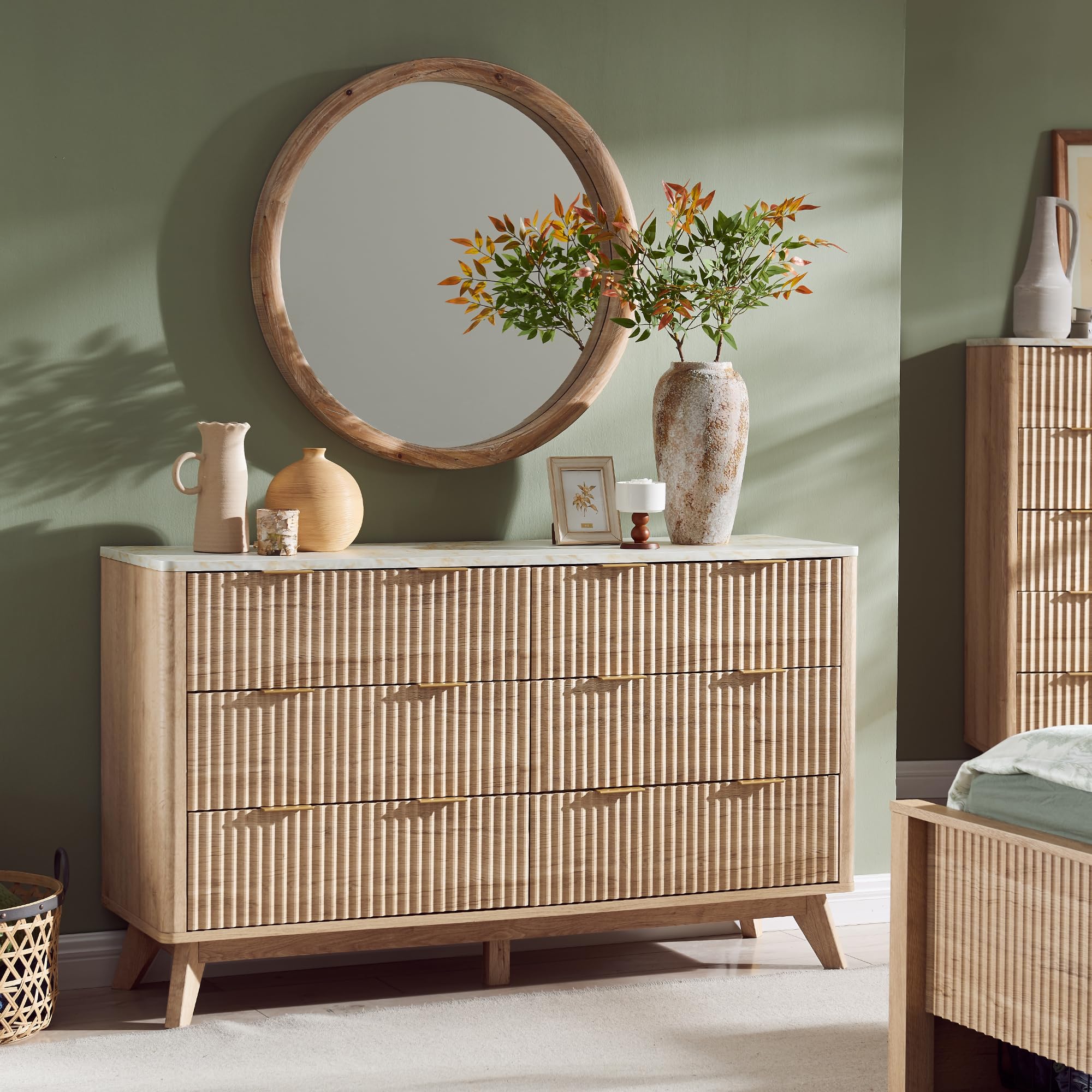 Fluted 6-Drawer Dresser, 54" Wide Modern Chest with Faux Marble Top & Curved Design, Dresser TV Stand for Bedroom, Living Room, Natural Oak