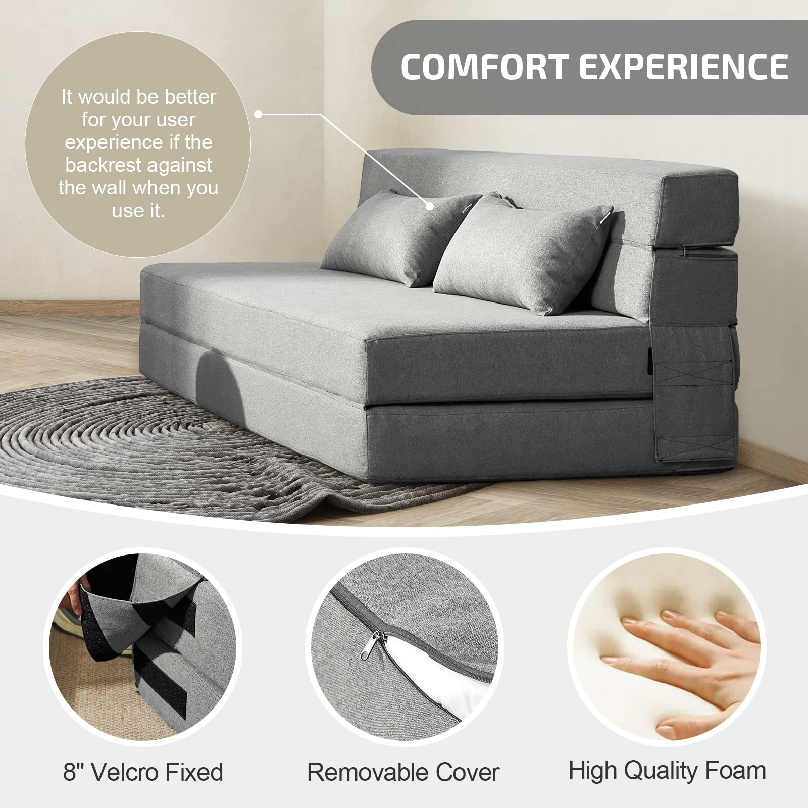 Folding Sofa Bed with Pillows, Convertible Floor Couch & Memory Foam Mattress, Queen Sleeper for Living Room, Dorm, Guest Room, Light Gray