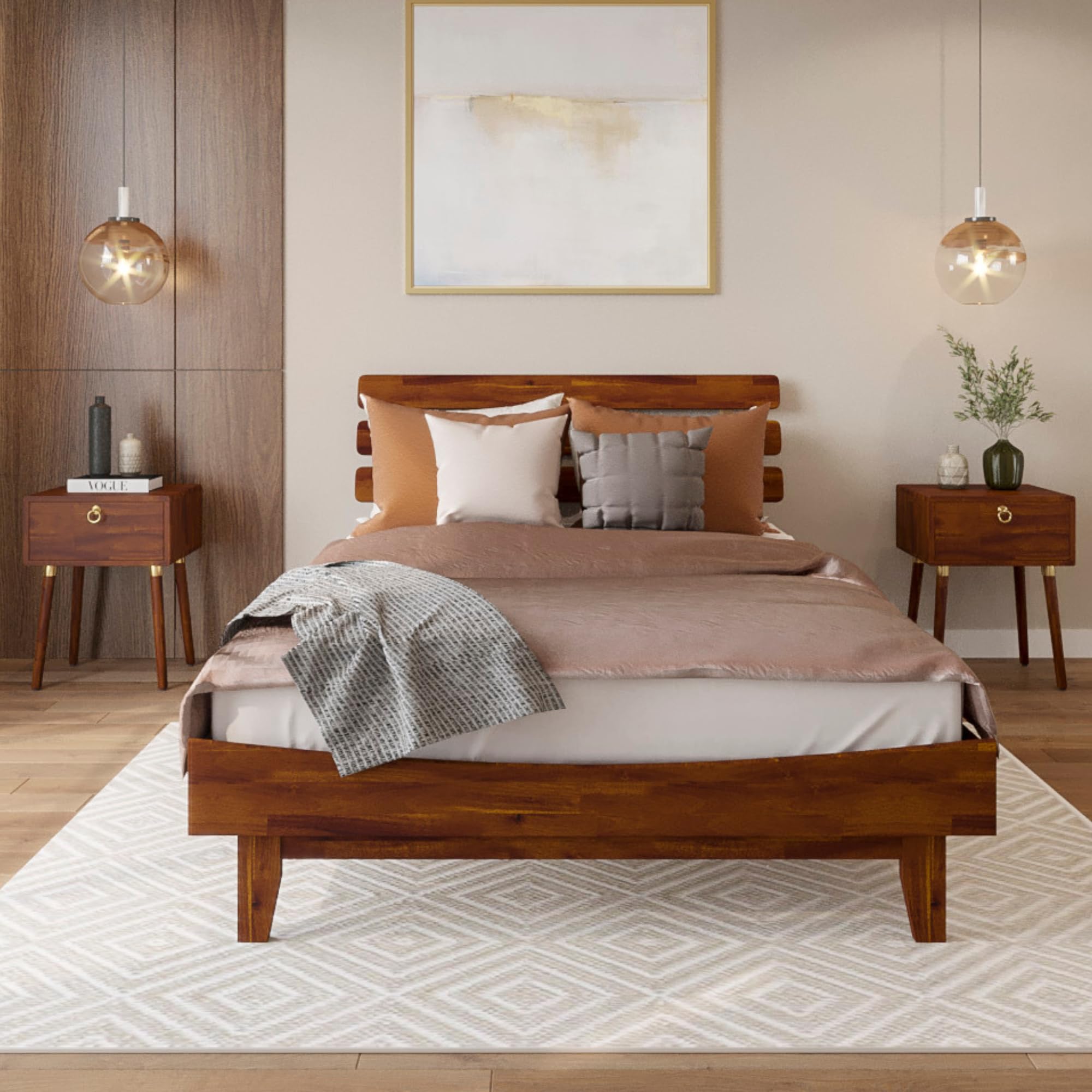 Caden 15 Inch Deluxe Bed Frame with Adjustable Headboard - Mid Century, Retro Style with Acacia Wood -  - 12 Strong Wood Slat Support -