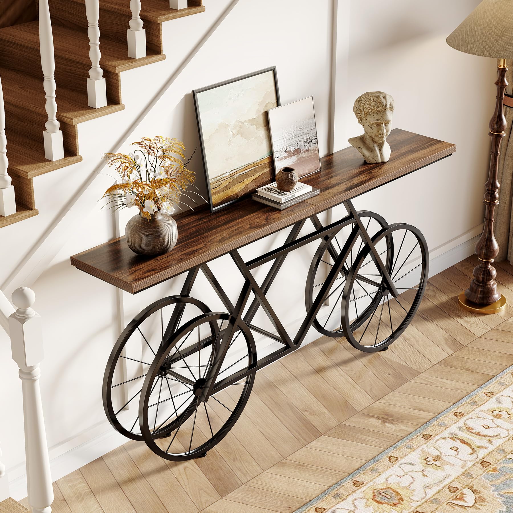 Narrow Sofa Table, 70.9-Inch Extra Long Console Table for Living Room, Entryway, with Unique Bicycle Metal Base. Rustic Brown