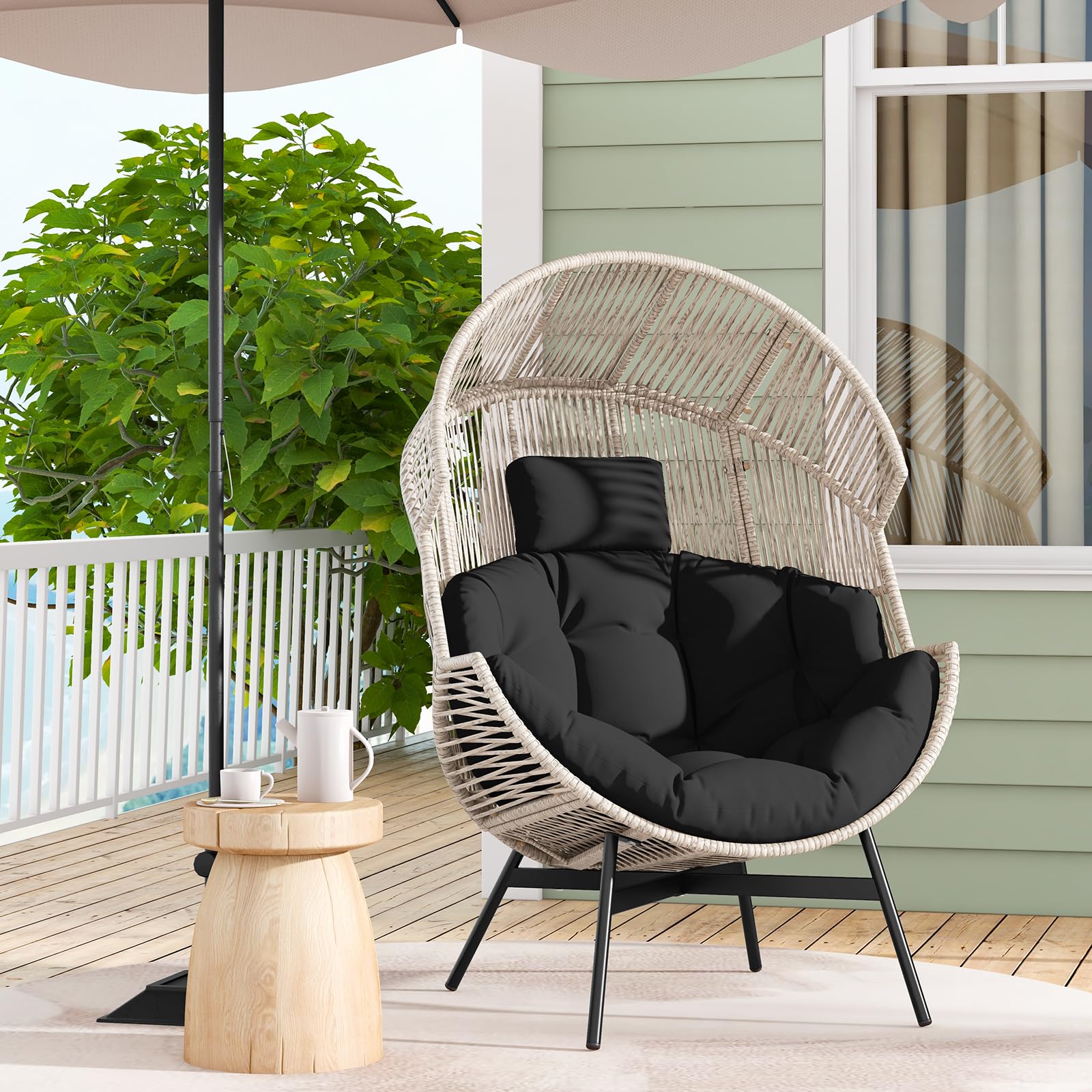 Oversized Wicker Egg Chair with Cushions & Headrest, Stationary Patio Basket Lounge Chair, Heavy-Duty Frame for Porch, Yard, Living Room