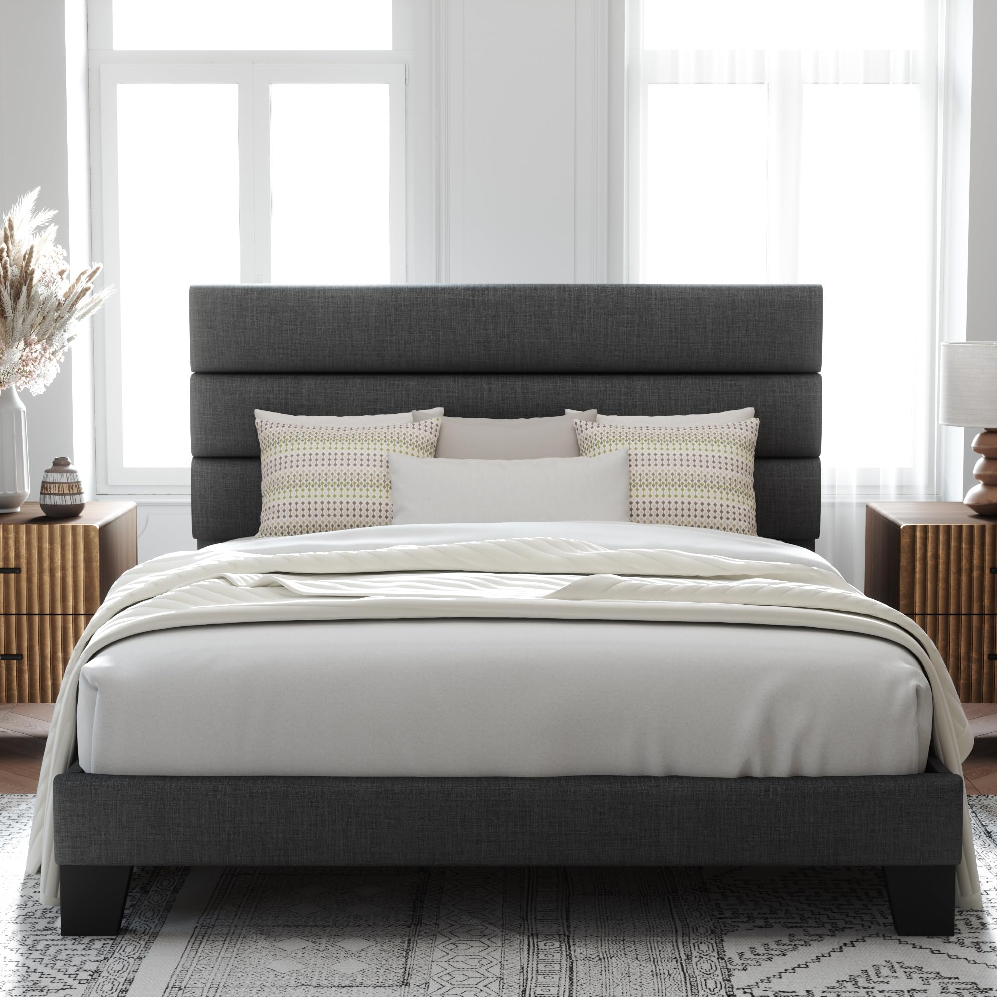 Queen Size Platform Bed Frame with Fabric Upholstered Headboard and Wooden Slats Support, Fully Upholstered Mattress Foundation//, Dark Grey