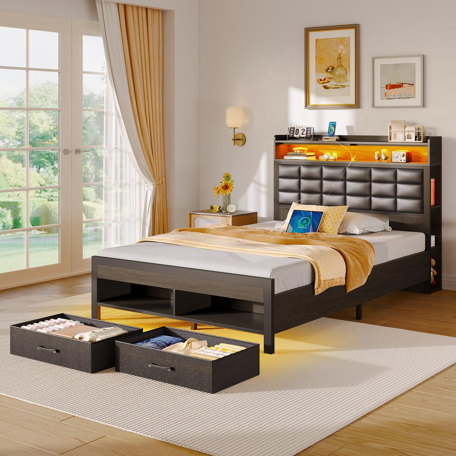 Twin Upholstered Platform Bed Frame with LED Light, Charging Station, Storage Headboard & 2 Drawers, No Box Spring Needed – Black