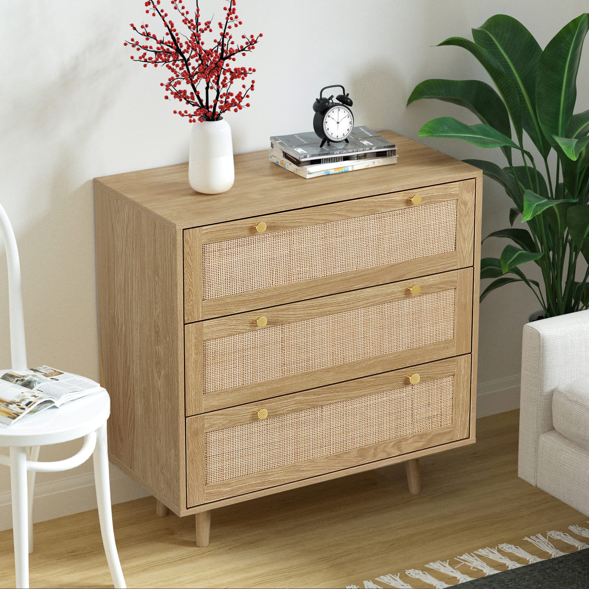 3 Drawer Dresser for Bedroom, Rattan Dresser Modern Wood Chest of Drawers with Spacious Storage for Bedroom Hallway Living Room, Rustic Oak, H0027