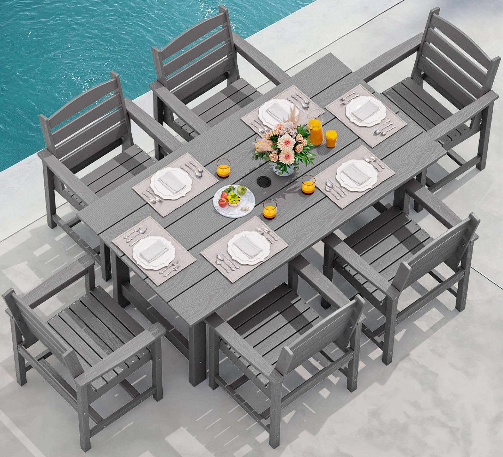 Outdoor HDPE Dining Table Set, 7-Piece Patio Dining Set with Umbrella Hole Table and 6 Chairs, Weather-Resistant, Gray