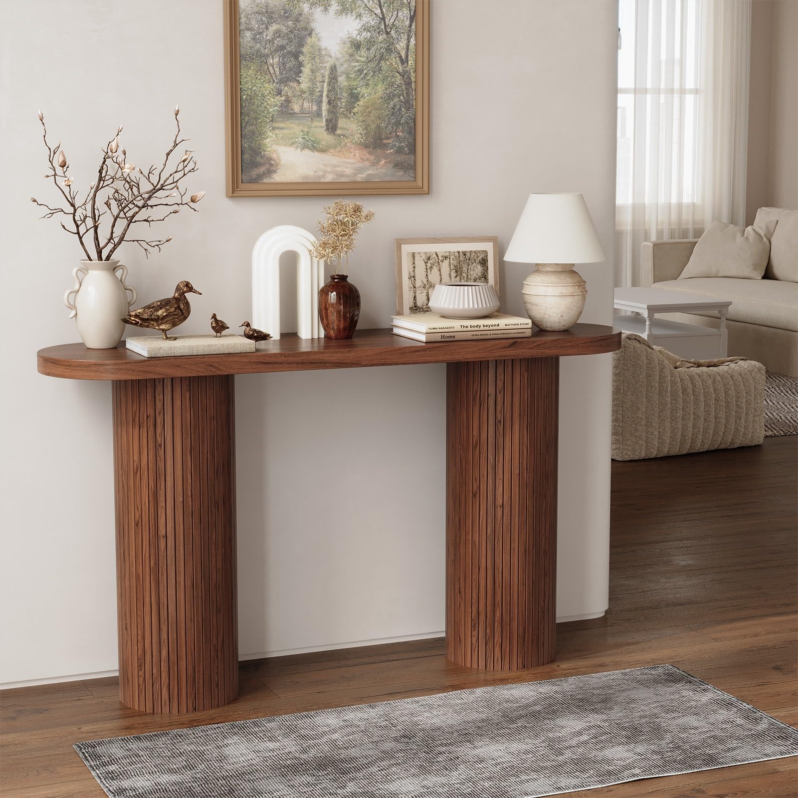 55 Inch Fluted Entryway Table, Wood Console Table, Couch Tables Behind Sofa, Farmhouse Style, Modern Sofa Stand for Entrance Hallway Living Room Foyer (Walnut)