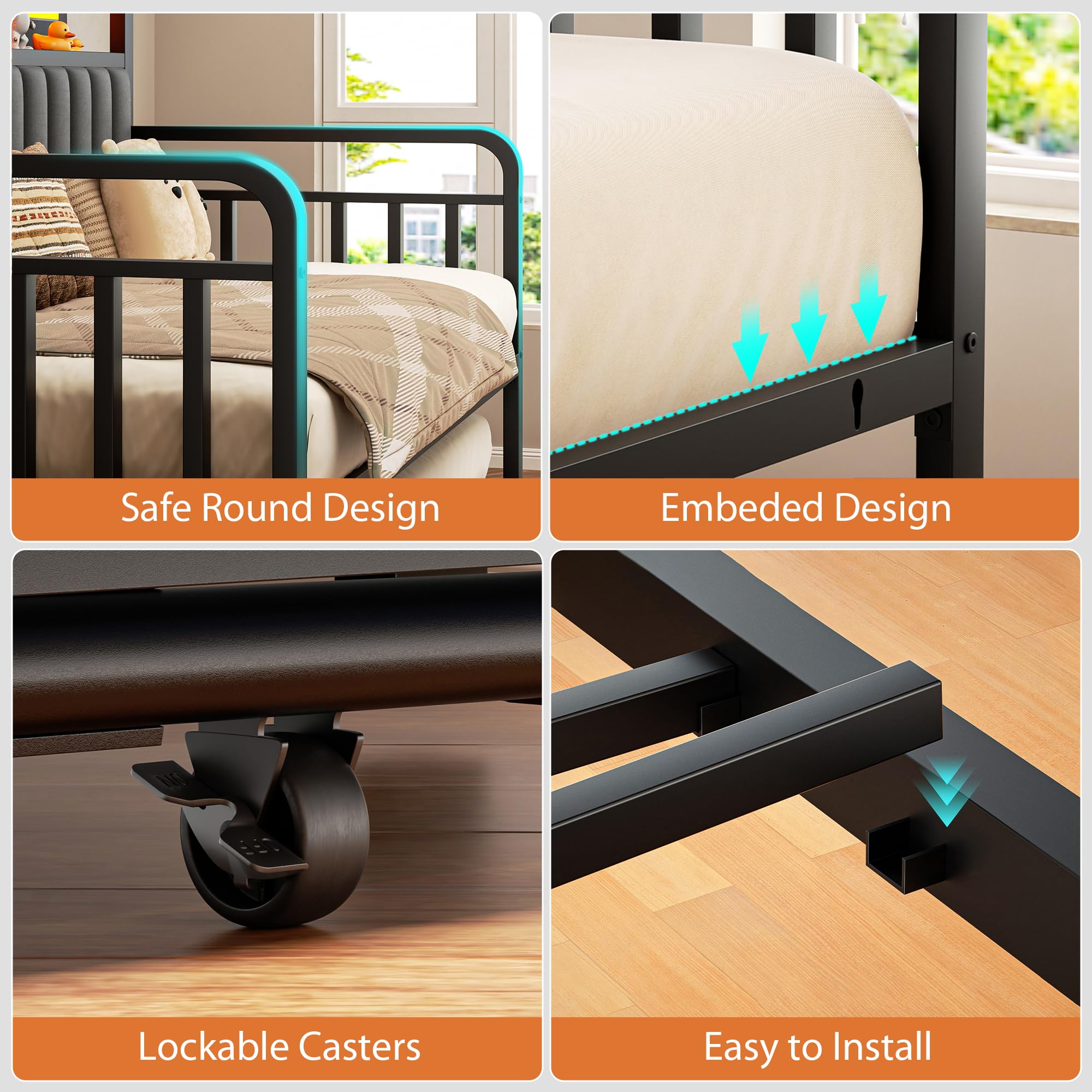 Full Daybed with Pop-Up Trundle, LED Light, Upholstered Storage Headboard & Charging Station, Heavy-Duty Metal Frame, Black