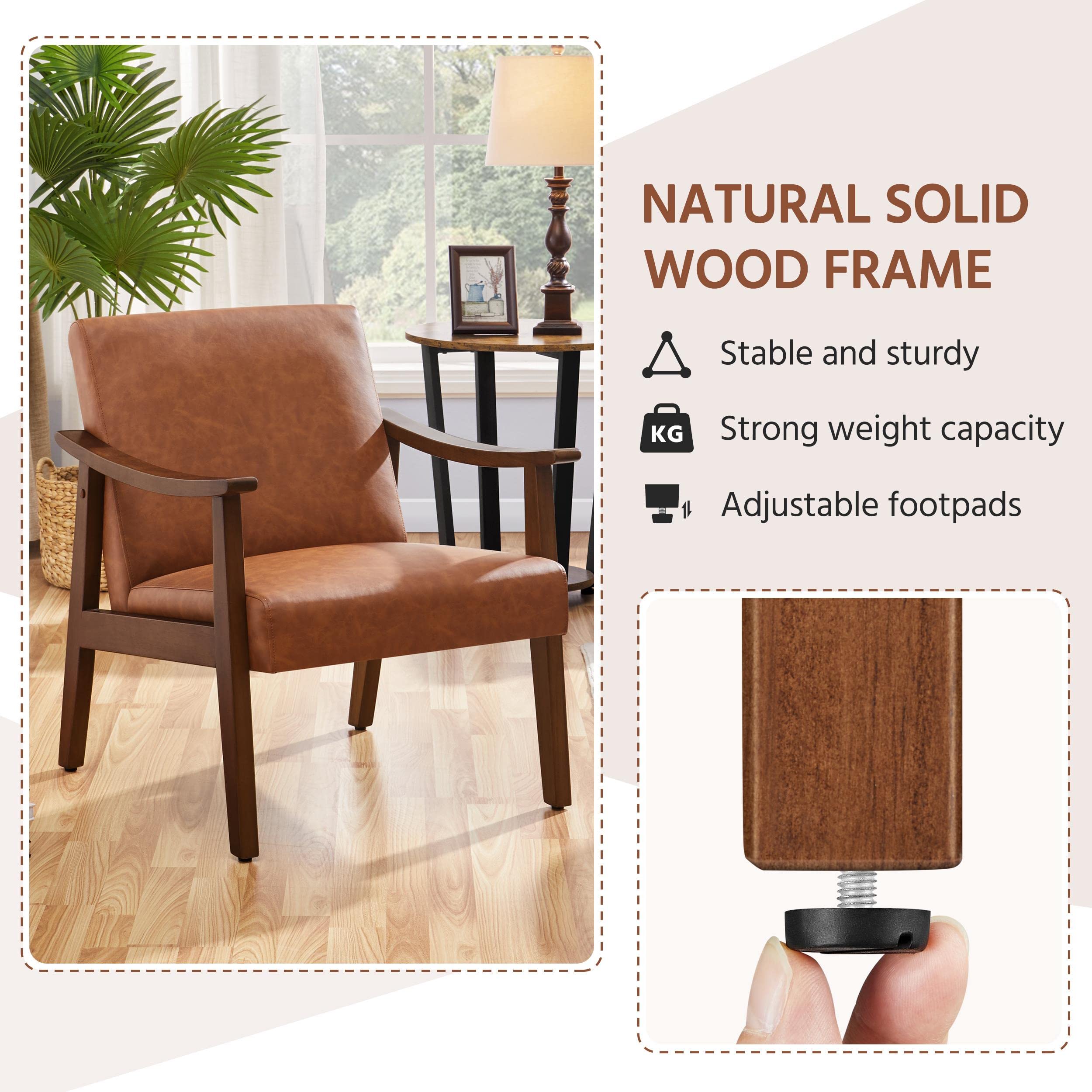 PU Leather Accent Chair, Mid-Century Modern Armchair with Solid Wood Legs, Reading Leisure Chair with High Back for Living Room Bedroom Waiting Room, Set of 2, Brown