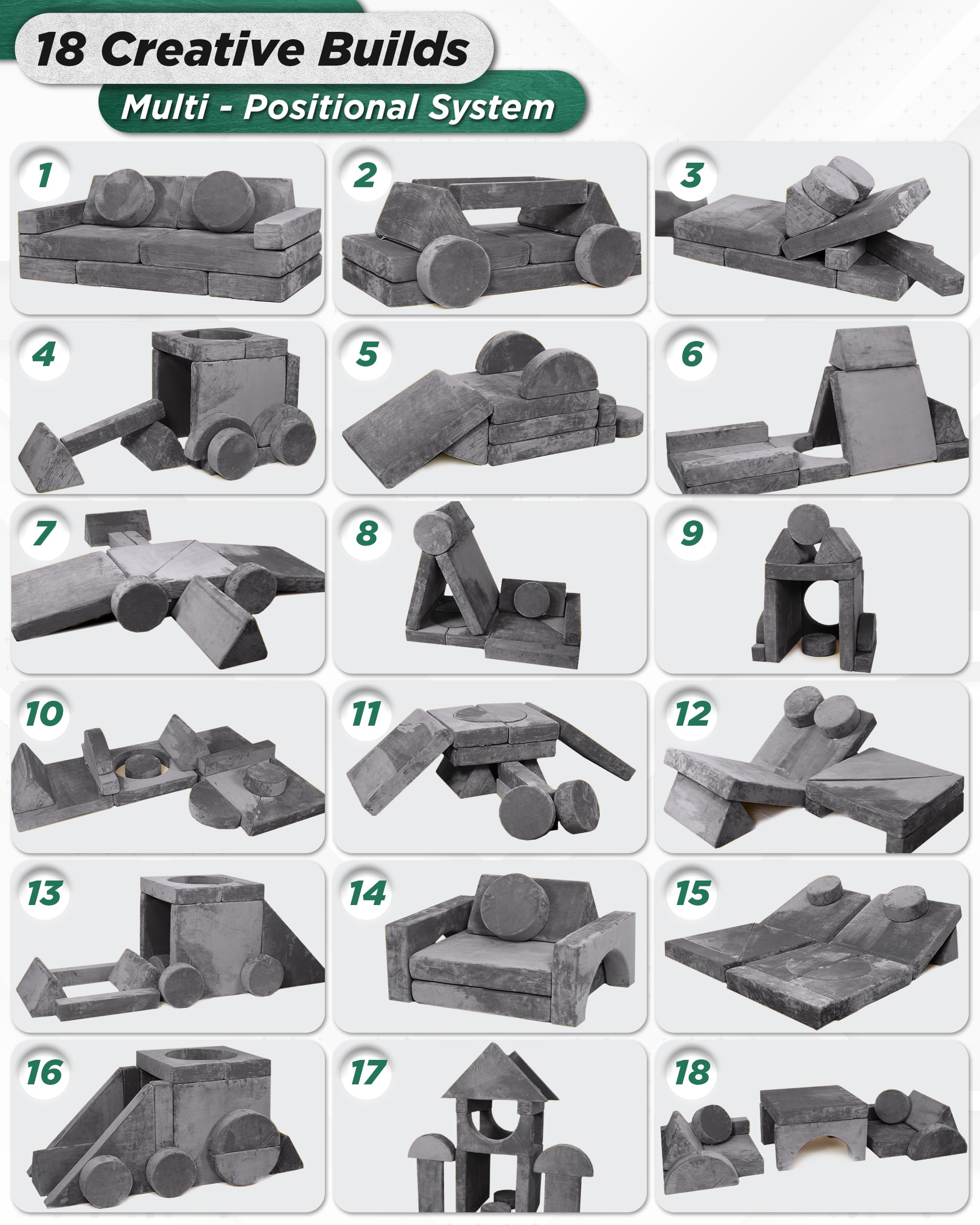 LX15 Modular Kids Play Couch, 14pcs Convertible Foam Sectional Sofa for Toddlers, Fortplay Furniture for Bedroom & Playroom, Steel Gray