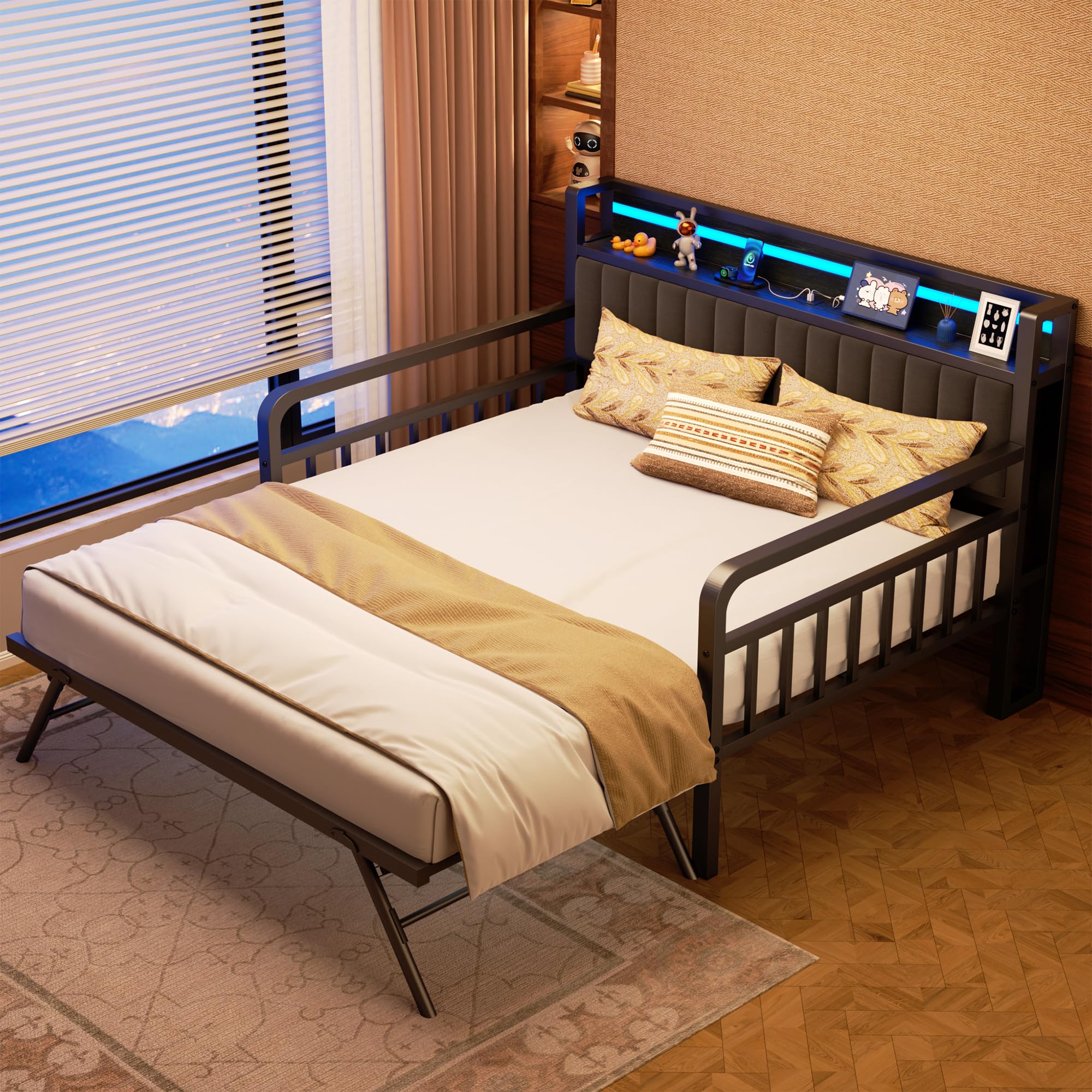 Full Daybed with Pop-Up Trundle, LED Light, Upholstered Storage Headboard & Charging Station, Heavy-Duty Metal Frame, Black