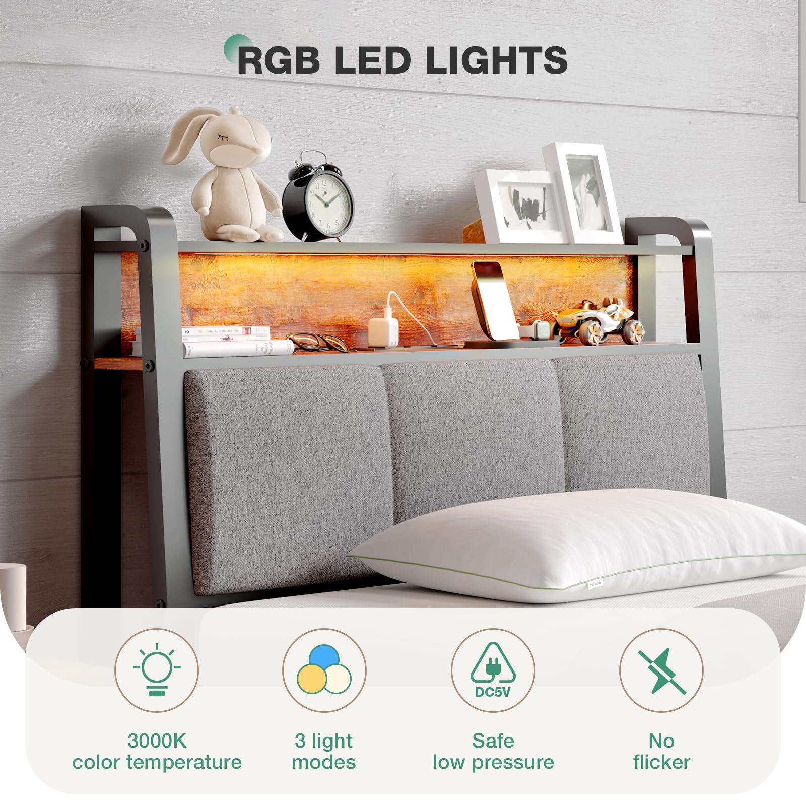 Twin Bed Frame for Kids with LED Lights, Charging Station, Storage Headboard & Sturdy Slats – No Box Spring Needed, Easy Setup