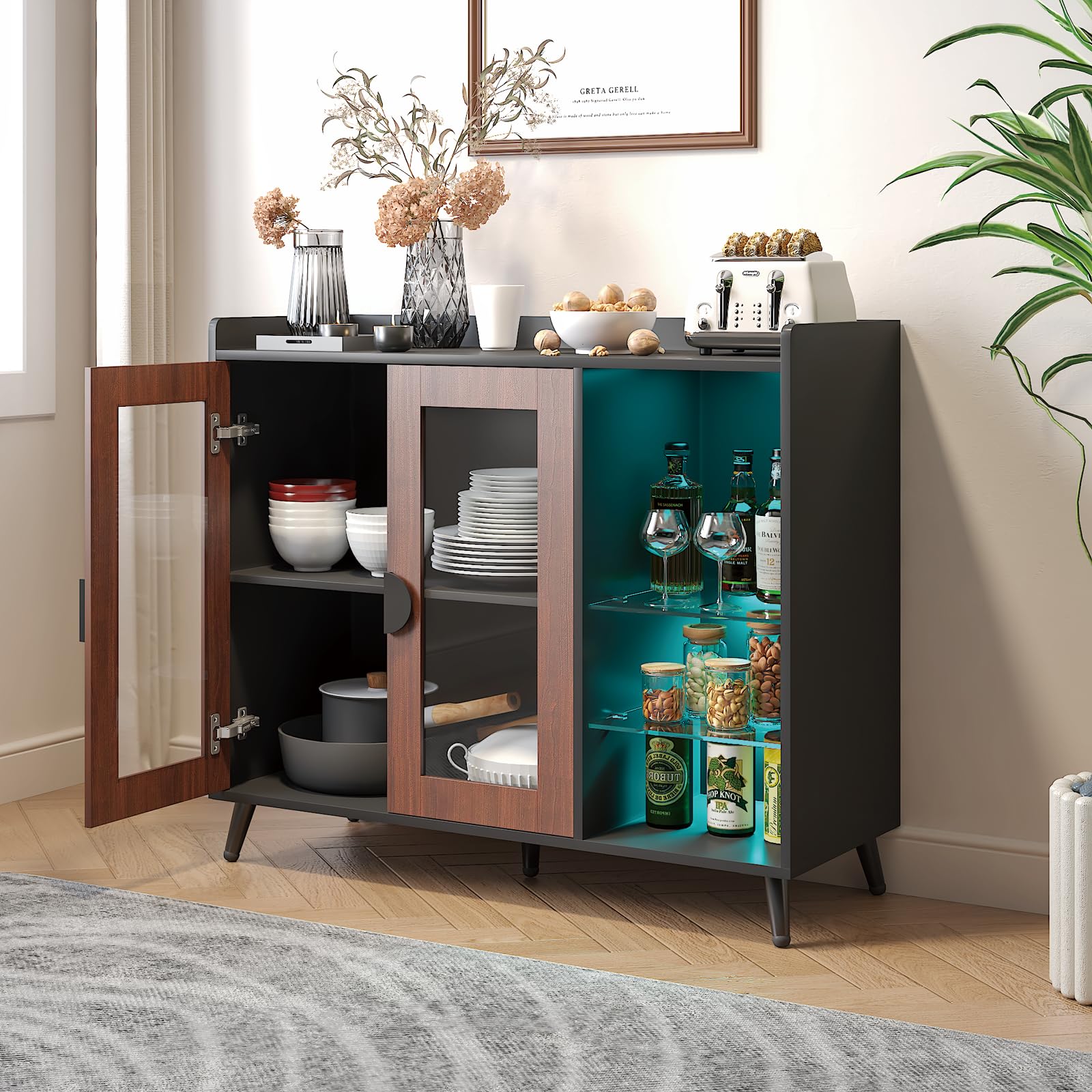 Sideboard Buffet Cabinet with Storage, Modern LED Coffee Bar Buffet Table with Acrylic Doors & Glass Storage Shelves, Sideboard for Kitchen,