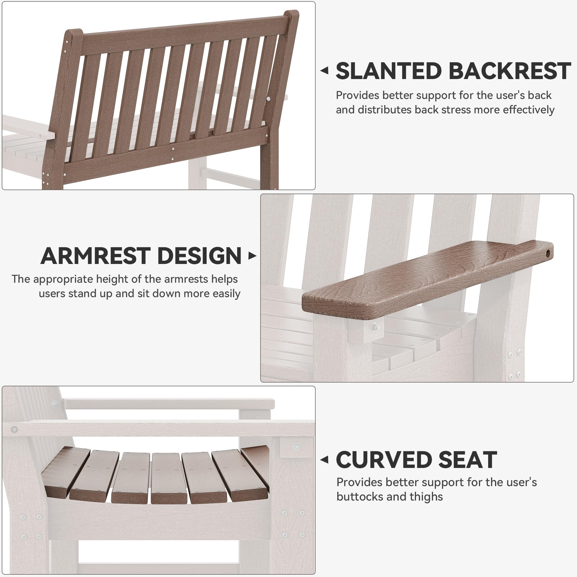 HDPE Garden Bench, All-Weather Outdoor Bench for 2-3 Persons, 661 lbs Capacity, Fade & Rot Resistant for Patio, Park, Porch, Brown