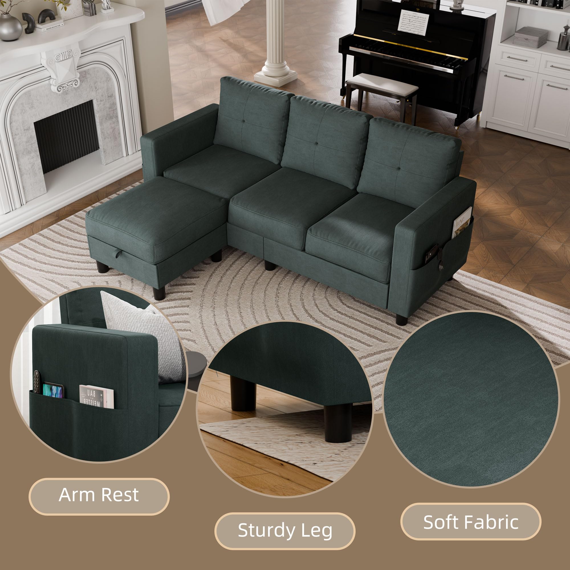 Convertible Sectional Couch, 3-Seat L-Shaped Sofa with Movable Ottoman, Polyester Fabric Sofa for Living Room, Apartment, Office, Dark Green