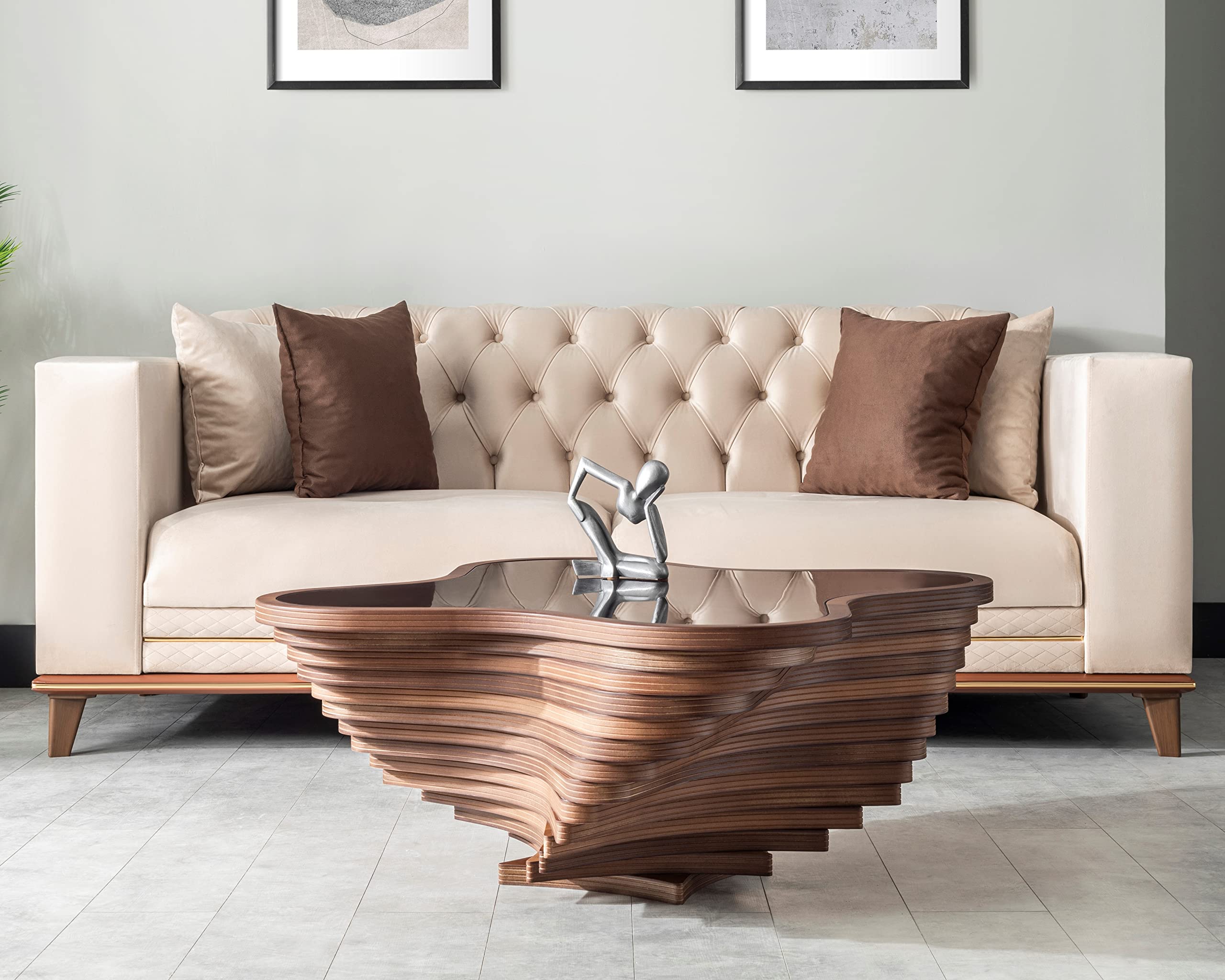 Modern Coffee Table with Tempered Glass Top, Natural Walnut Veneer, Wave Design, Rustic Wood for Living Room, Office, Luxury Decor