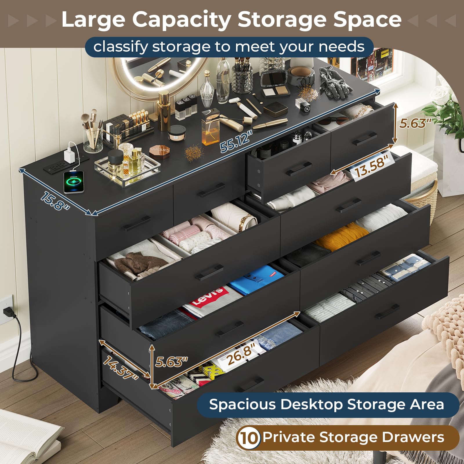 Black 10 Drawer Dresser with Power Outlets, 55" Wide Chest of Drawers TV Stand for Bedroom, Living Room, Storage Organizer