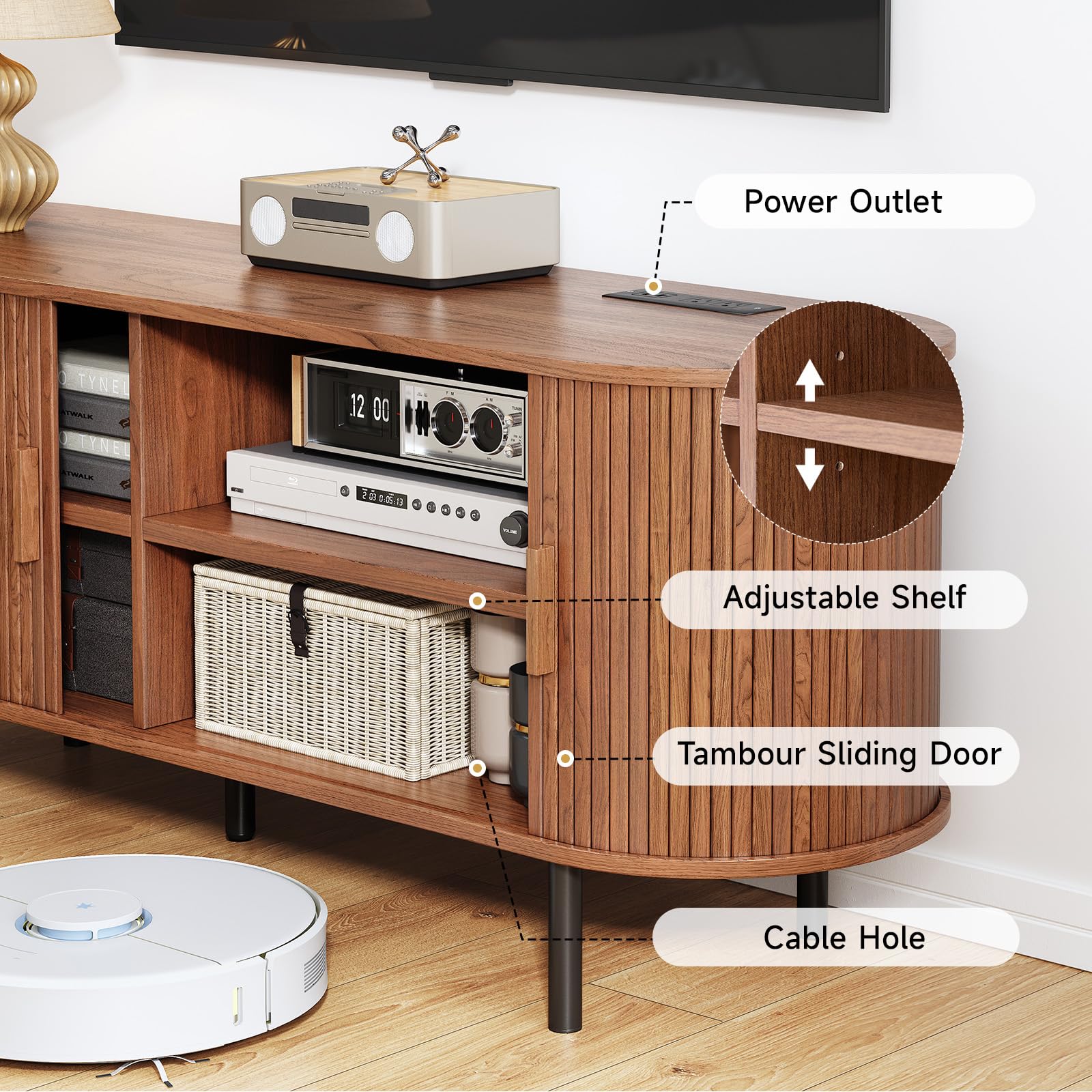 Mid-Century Modern TV Stand with Power Outlet, Media Console with Sliding Doors & Adjustable Shelves, Entertainment Center for TVs up to 60", Walnut