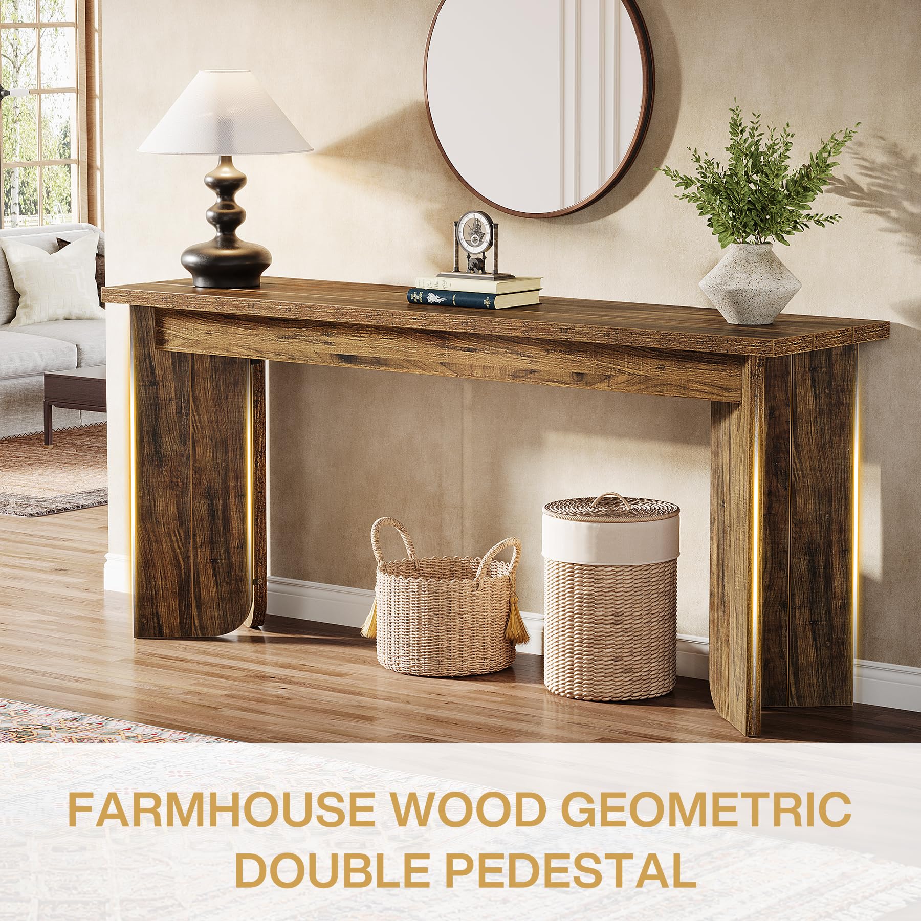70.9" Farmhouse Console Table, Extra Long Wood Sofa Table with Widened Top & Double Pedestal Base for Living Room, Hallway, Foyer, Rustic Brown