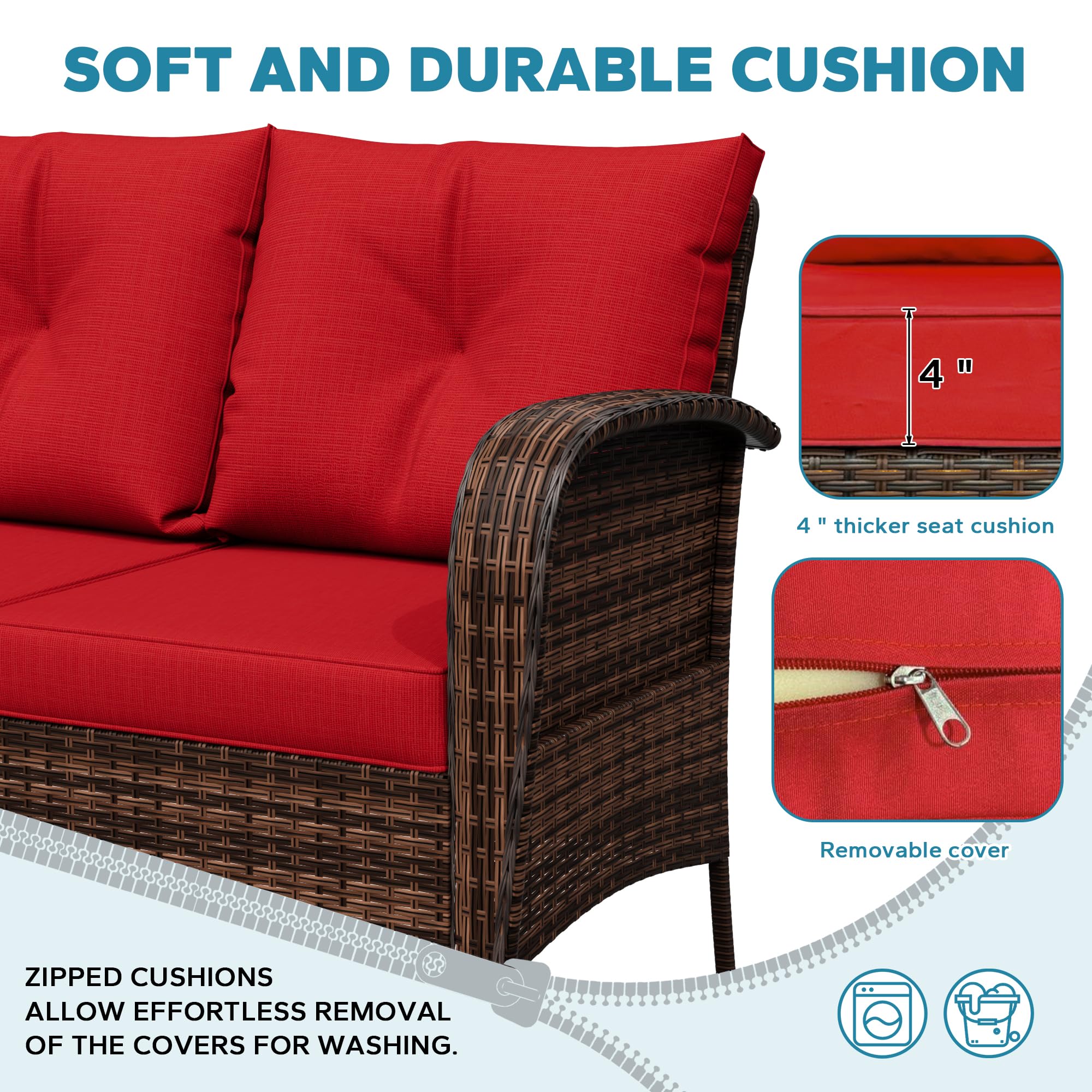 73" Patio 3-Seat Sofa, Wicker Rattan Couch with Steel Frame & Removable Cushions, Outdoor Loveseat for Garden, Porch, Apartment, Red