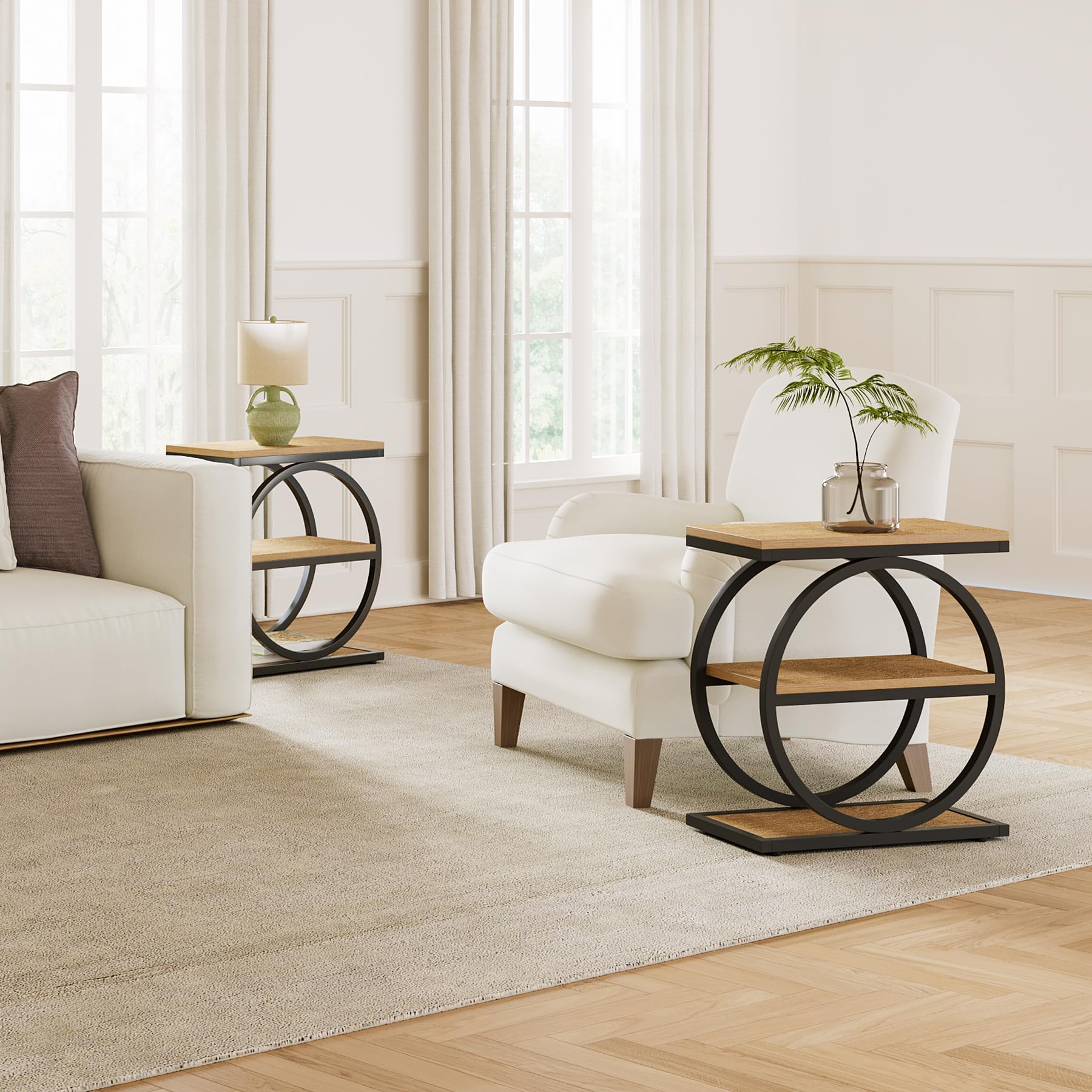 Set of 2 End Tables, 3-Tier Wooden Side Tables with Double Round Metal Legs, Slim Nightstands for Living Room, Bedroom, Oak Finish
