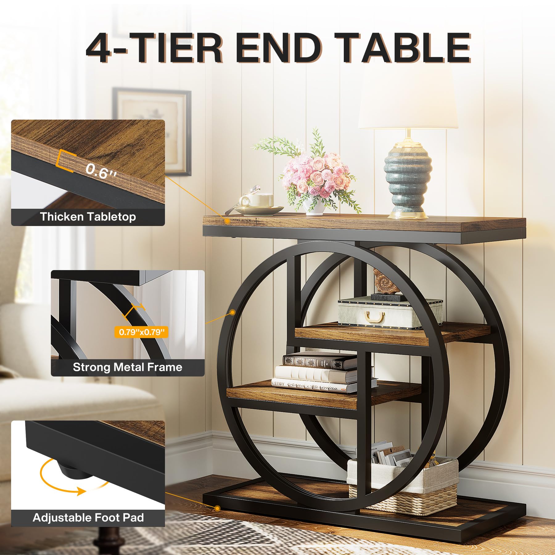 Set of 2 End Tables, 4-Tier Narrow Side Tables with Storage Shelves, Rustic Brown Wood & Metal Frame for Sofa, Bedroom, Living Room