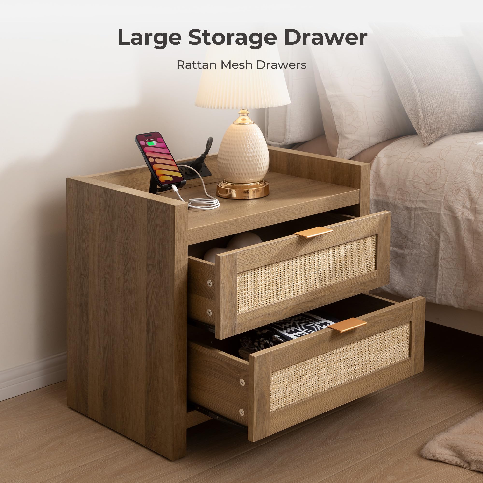 Night Stand Set of 2 - Rattan Nightstands with Type-C Charging Station, 2 Rattan Drawers - Boho Bed Side Tables End Table for Small Space - Natural Oak