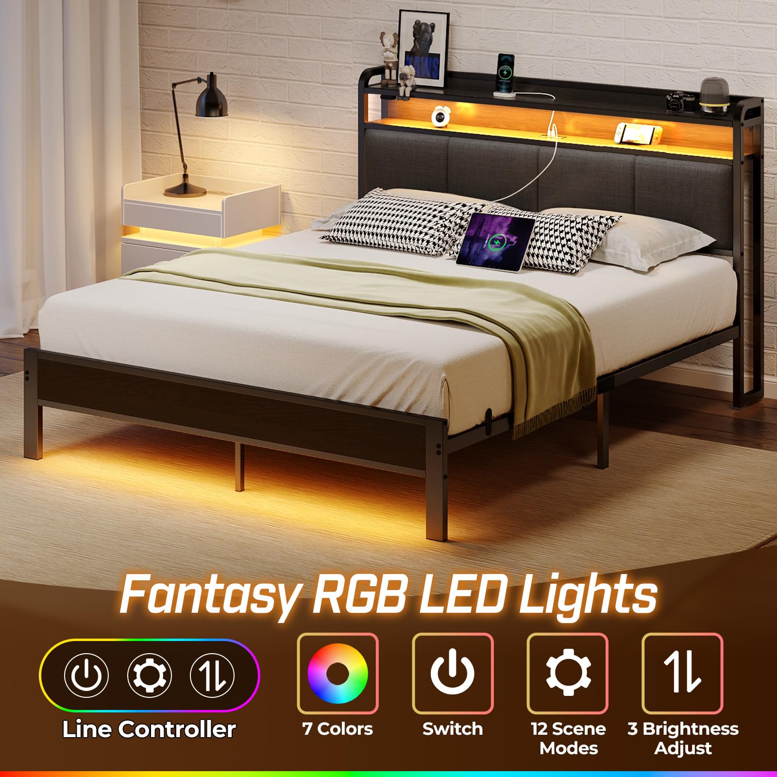 Full Size Bed Frame with LED Lights & Charging Station, Upholstered Headboard with Storage, Metal Slats, Dark Grey, No Box Spring