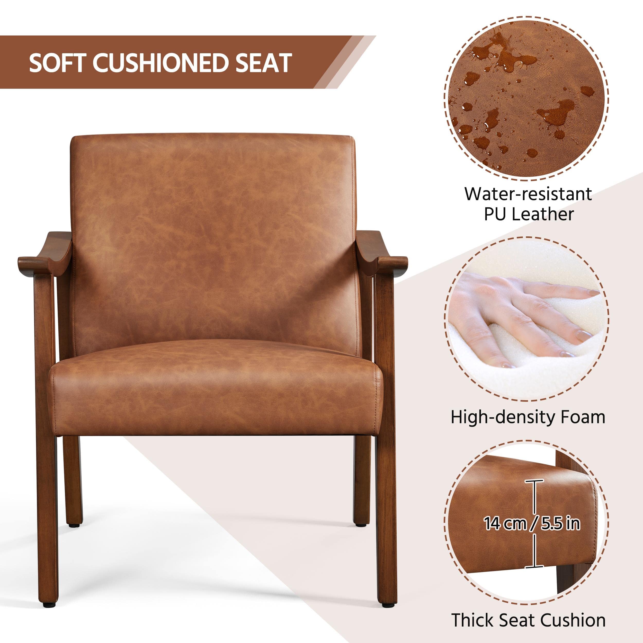 PU Leather Accent Chair, Mid-Century Modern Armchair with Solid Wood Legs, Reading Leisure Chair with High Back for Living Room Bedroom Waiting Room, Set of 2, Brown